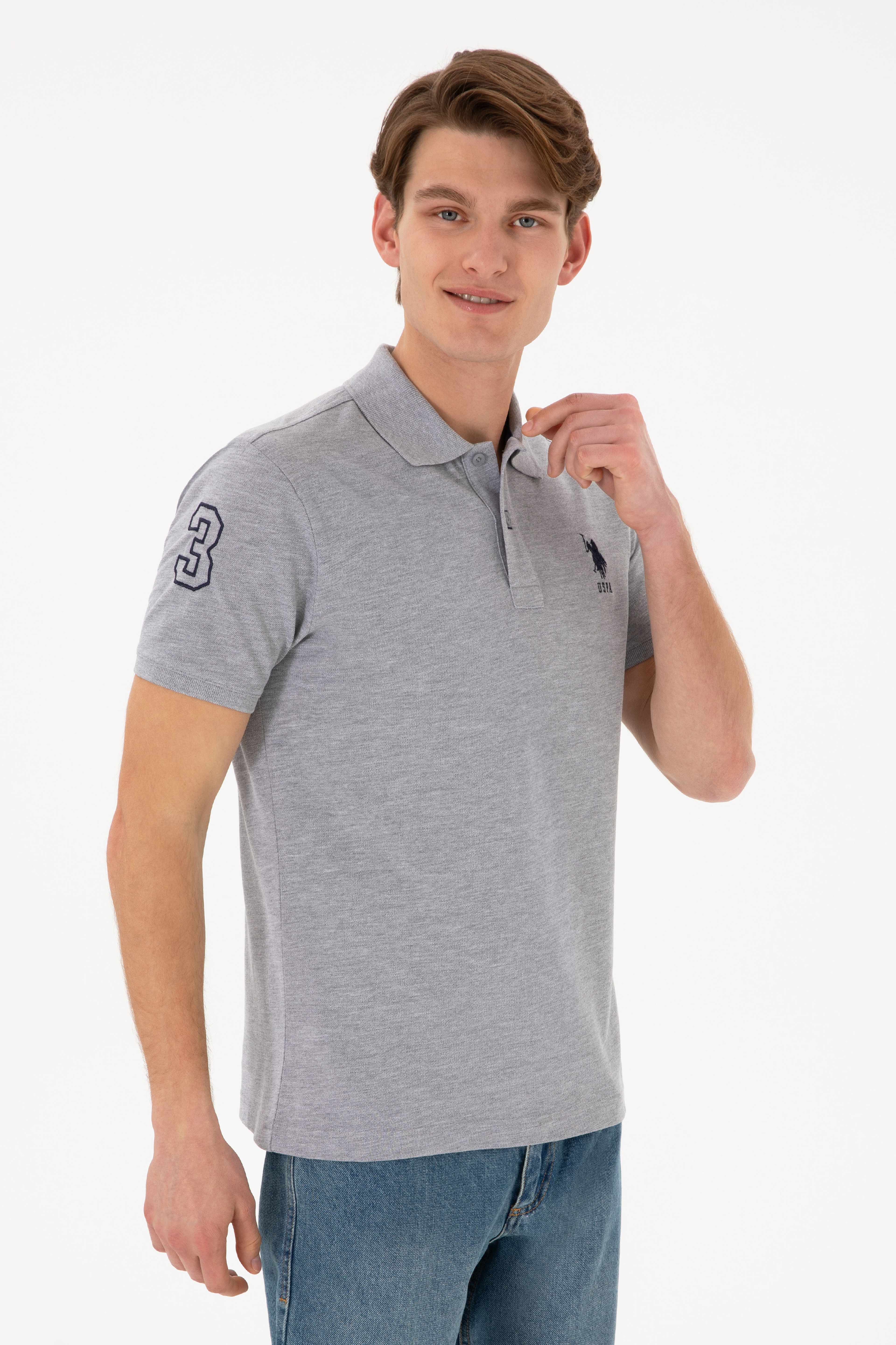 Erkek Slim Fit Polo Yaka Gri Melanj Basic Tişört - Image 2