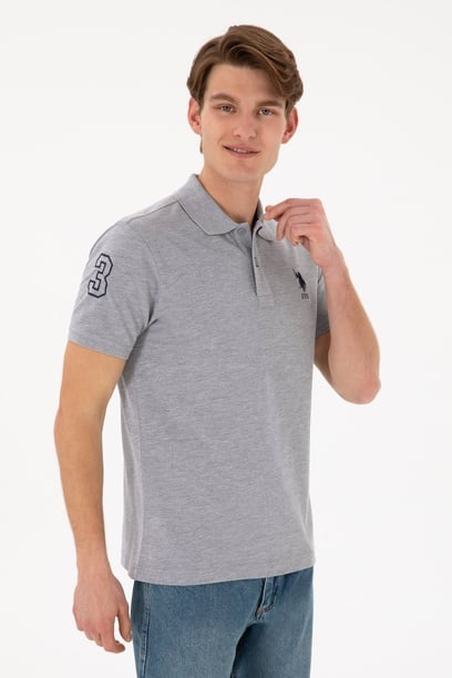 Erkek Slim Fit Polo Yaka Gri Melanj Basic Tişört