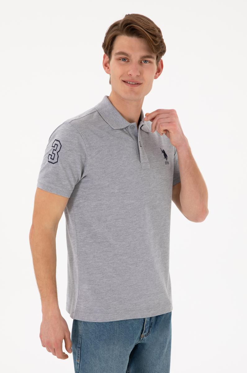 Erkek Slim Fit Polo Yaka Gri Melanj Basic Tişört