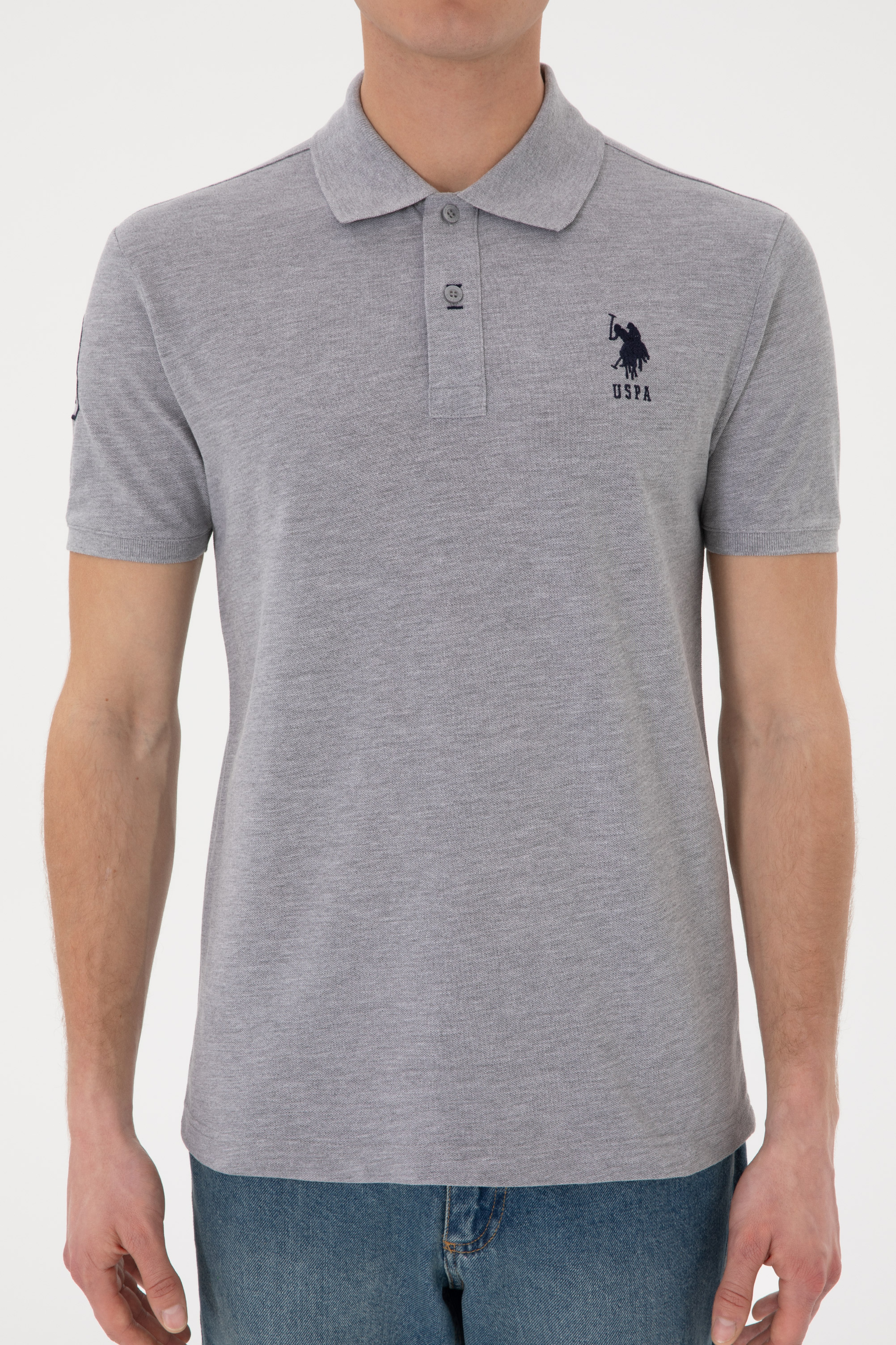 Erkek Slim Fit Polo Yaka Gri Melanj Basic Tişört