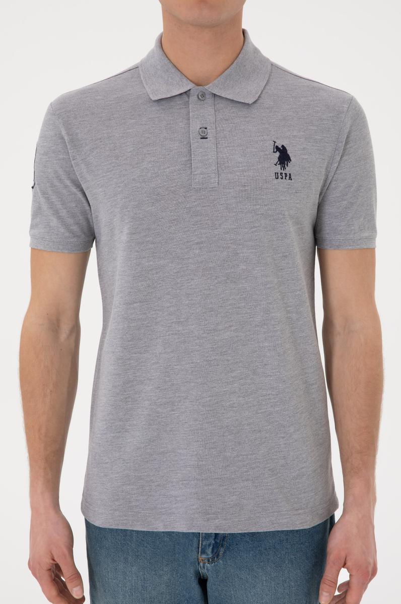 Erkek Slim Fit Polo Yaka Gri Melanj Basic Tişört