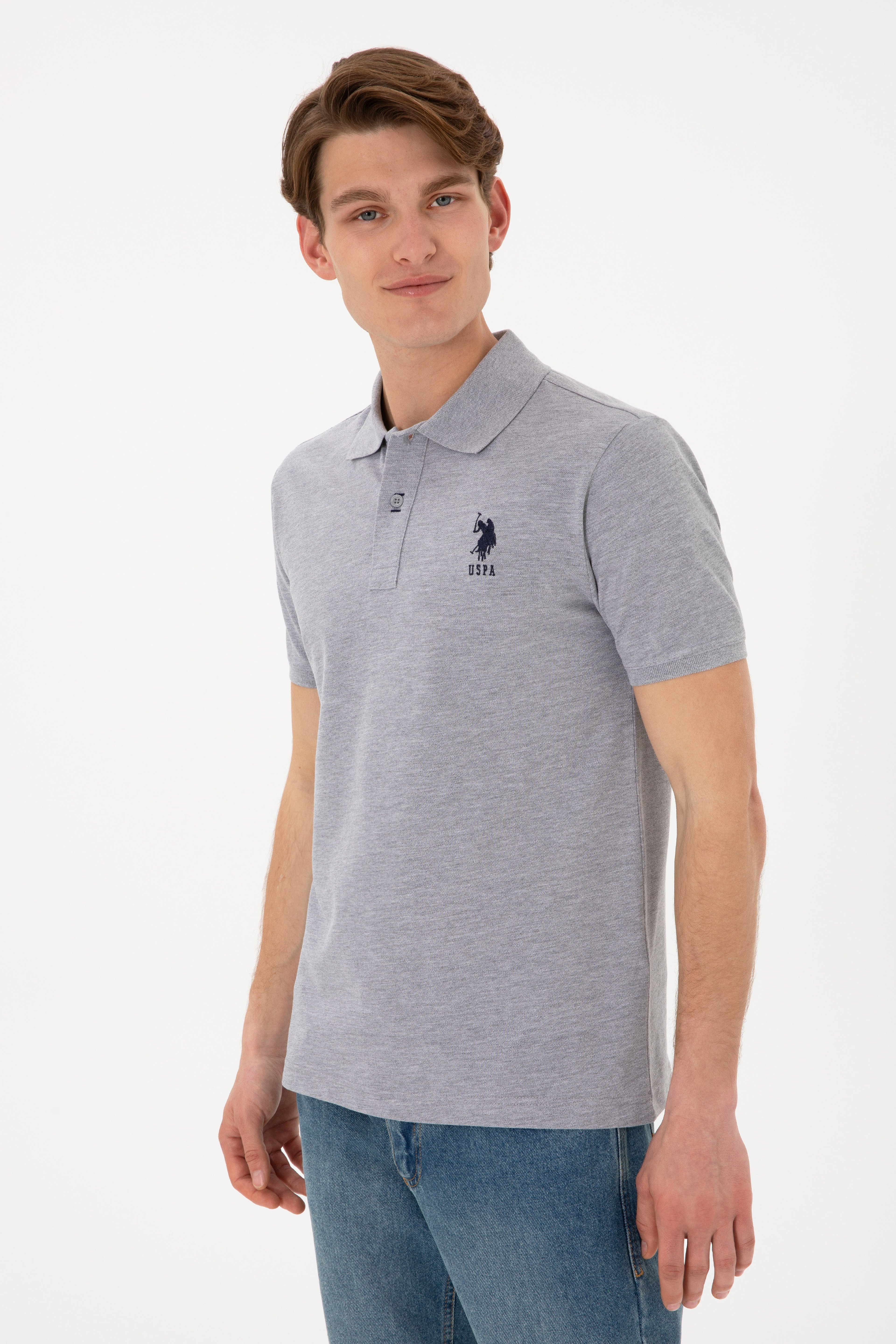 Erkek Slim Fit Polo Yaka Gri Melanj Basic Tişört