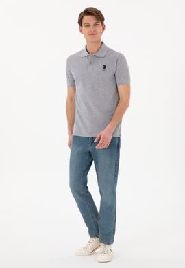 Erkek Slim Fit Polo Yaka Gri Melanj Basic Tişört - 50305929027