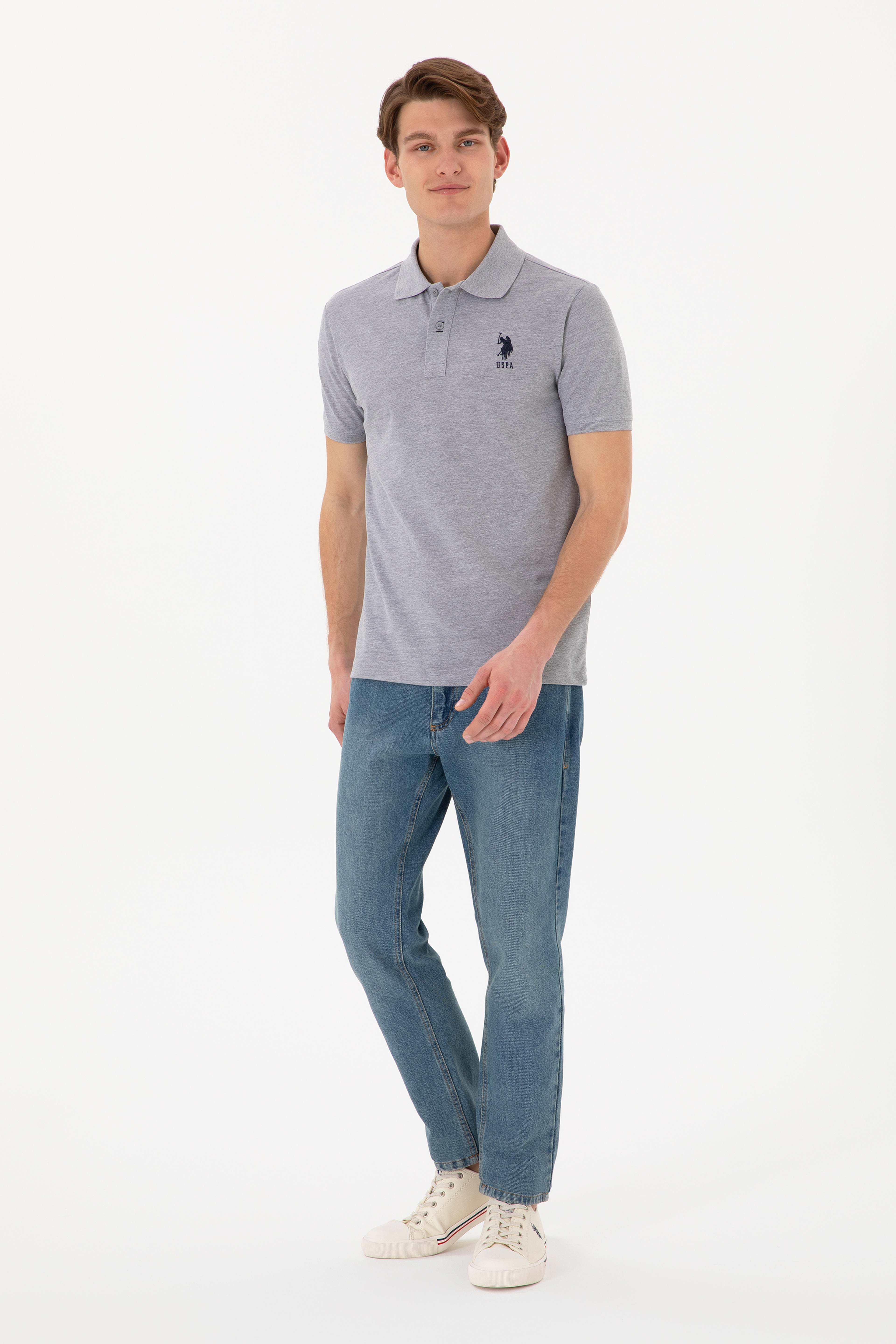 Erkek Slim Fit Polo Yaka Gri Melanj Basic Tişört - Image 5