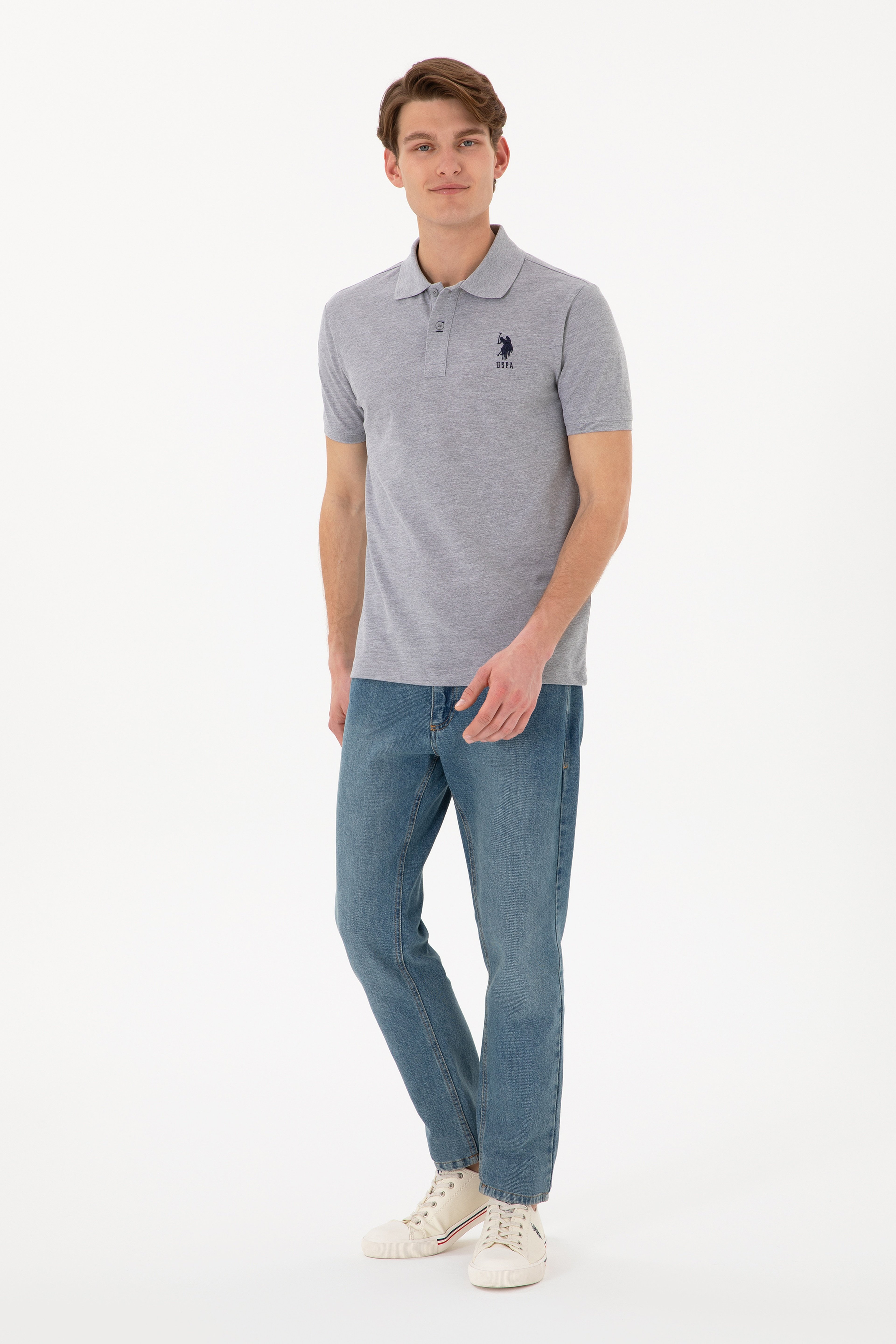 Erkek Slim Fit Polo Yaka Gri Melanj Basic Tişört