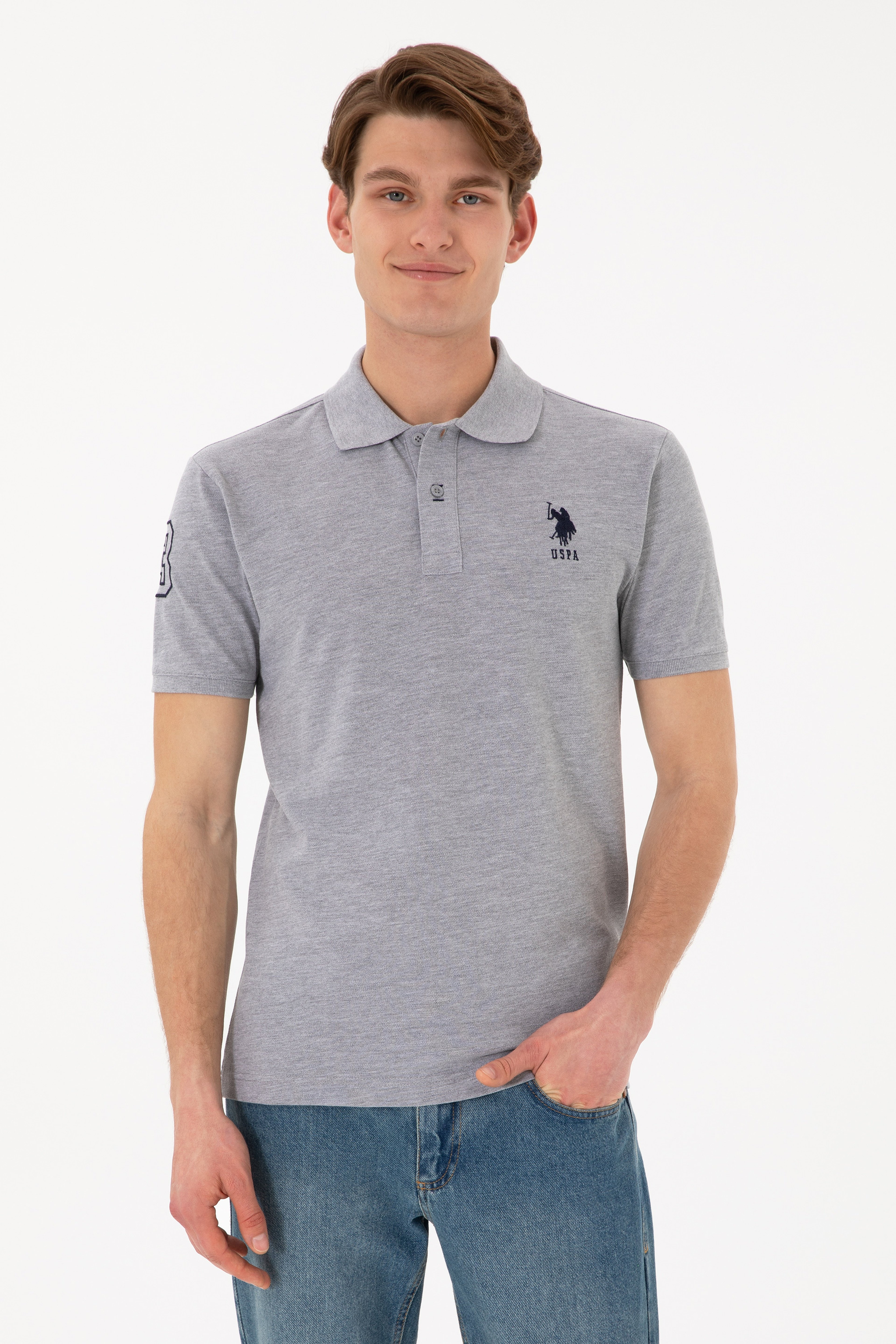 Erkek Slim Fit Polo Yaka Gri Melanj Basic Tişört - Image 1