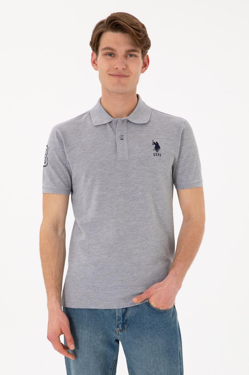 Erkek Slim Fit Polo Yaka Gri Melanj Basic Tişört
