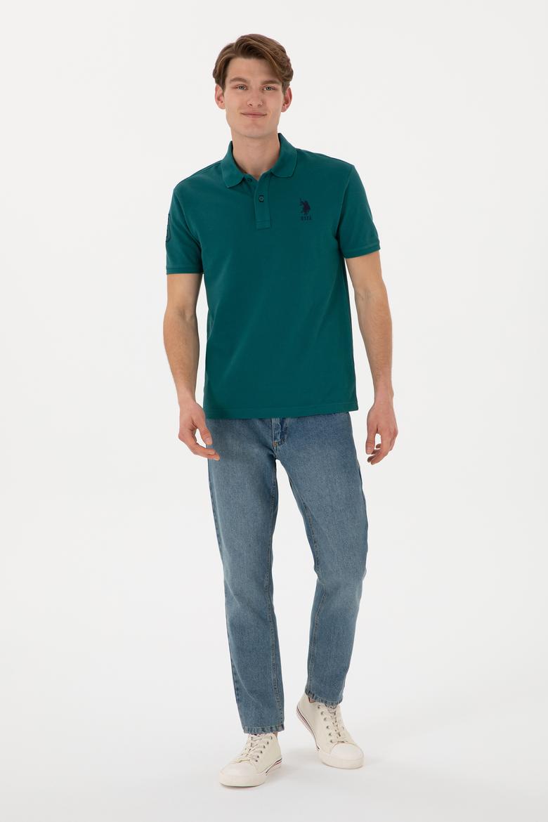 Erkek Slim Fit Polo Yaka Koyu Yeşil Basic Tişört - 50305929063