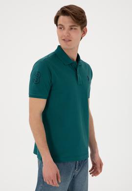 Erkek Slim Fit Polo Yaka Koyu Yeşil Basic Tişört - 50305929063