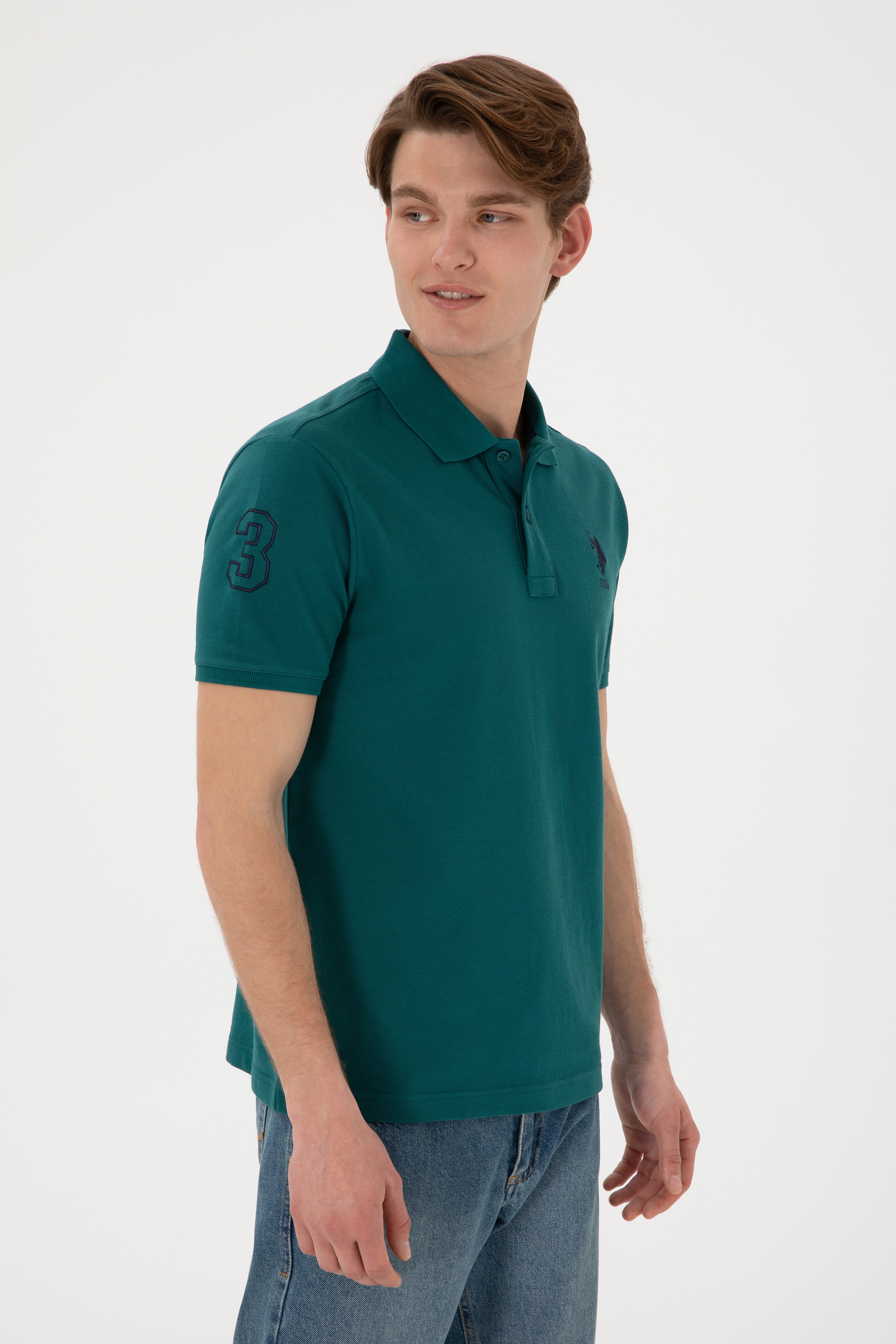 Erkek Slim Fit Polo Yaka Koyu Yeşil Basic Tişört - Image 4
