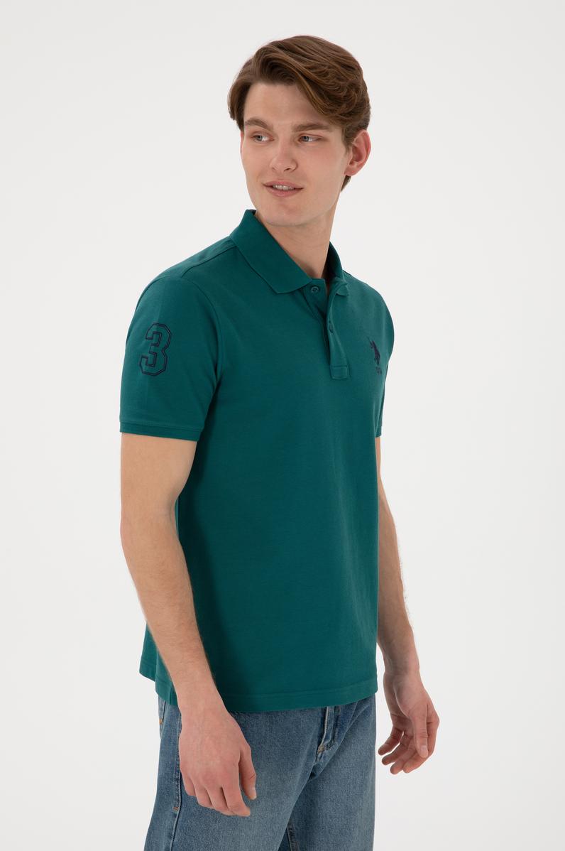 Erkek Slim Fit Polo Yaka Koyu Yeşil Basic Tişört