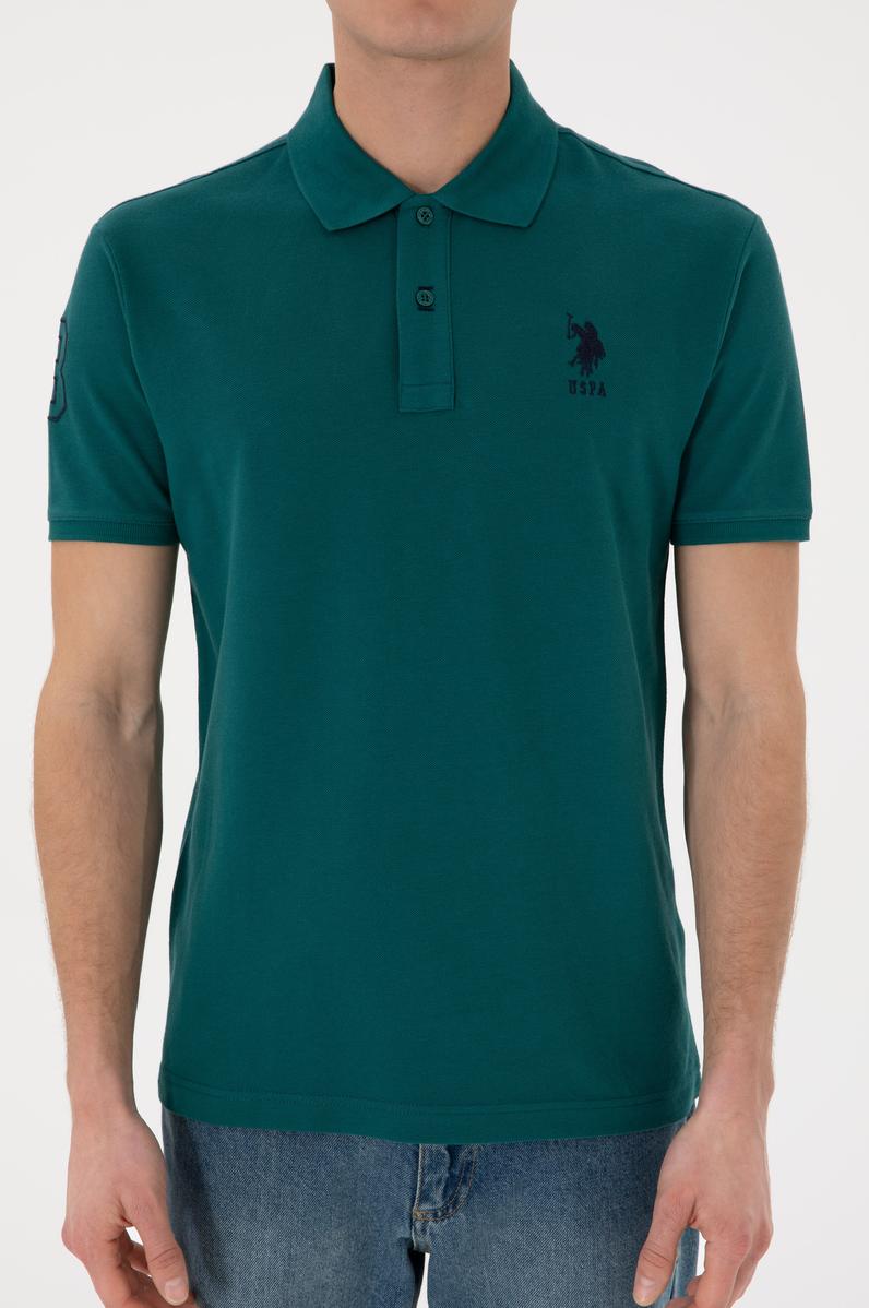 Erkek Slim Fit Polo Yaka Koyu Yeşil Basic Tişört