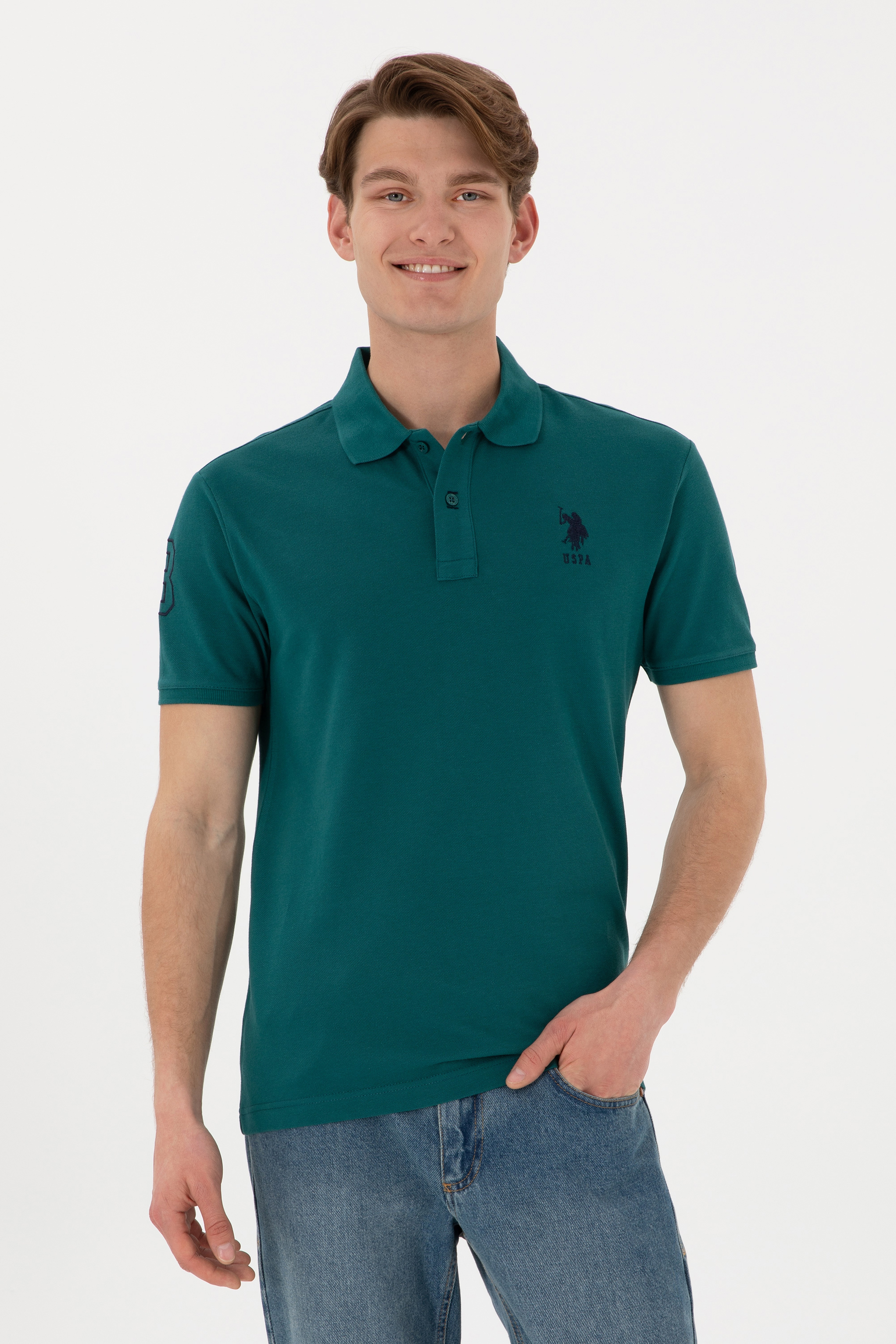 Erkek Slim Fit Polo Yaka Koyu Yeşil Basic Tişört - Image 1