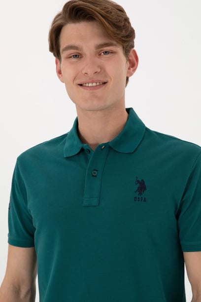 Erkek Slim Fit Polo Yaka Koyu Yeşil Basic Tişört