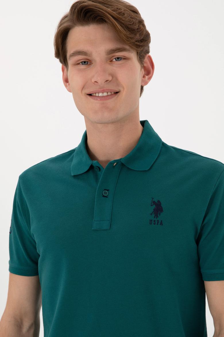 Erkek Slim Fit Polo Yaka Koyu Yeşil Basic Tişört - 50305929063