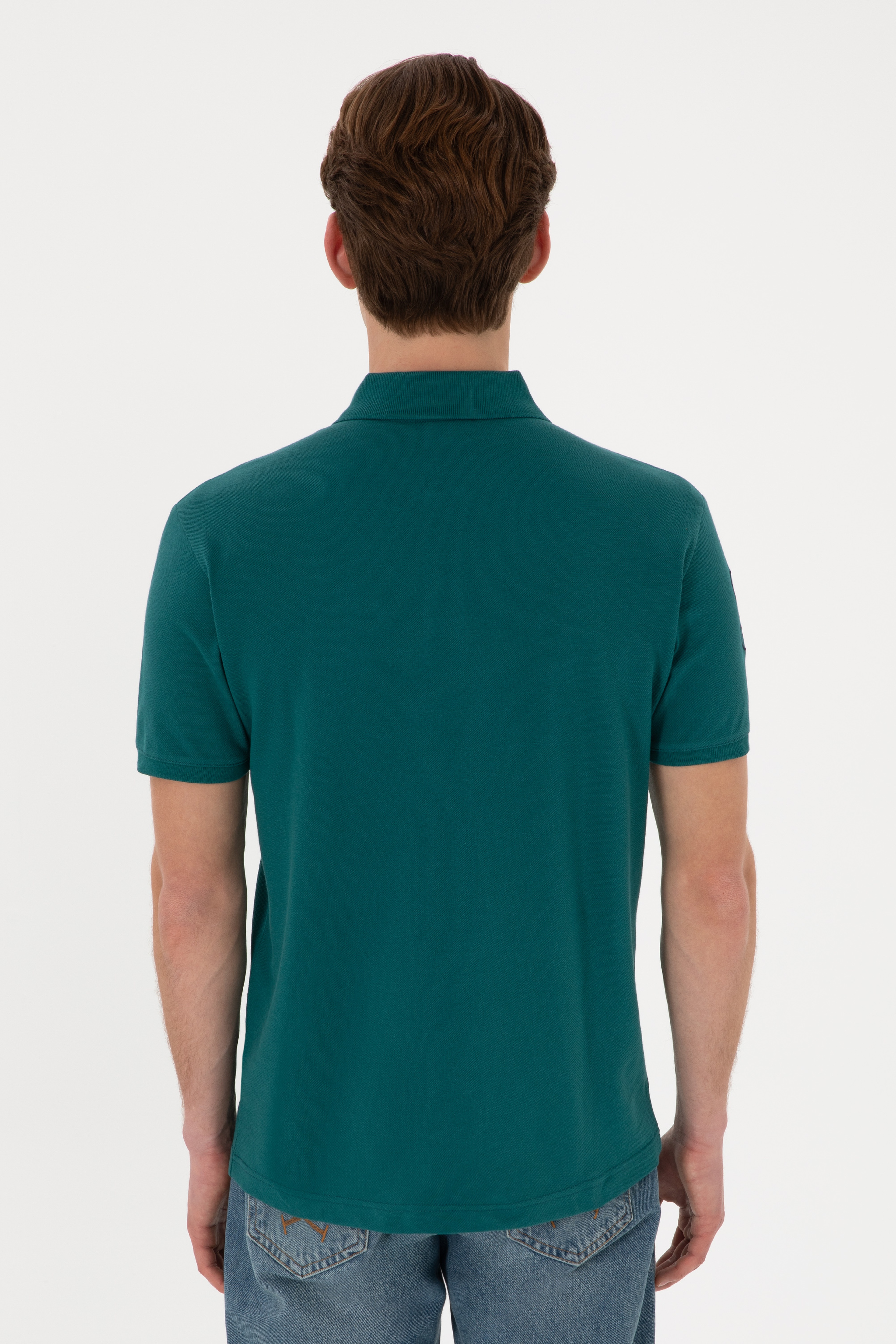 Erkek Slim Fit Polo Yaka Koyu Yeşil Basic Tişört