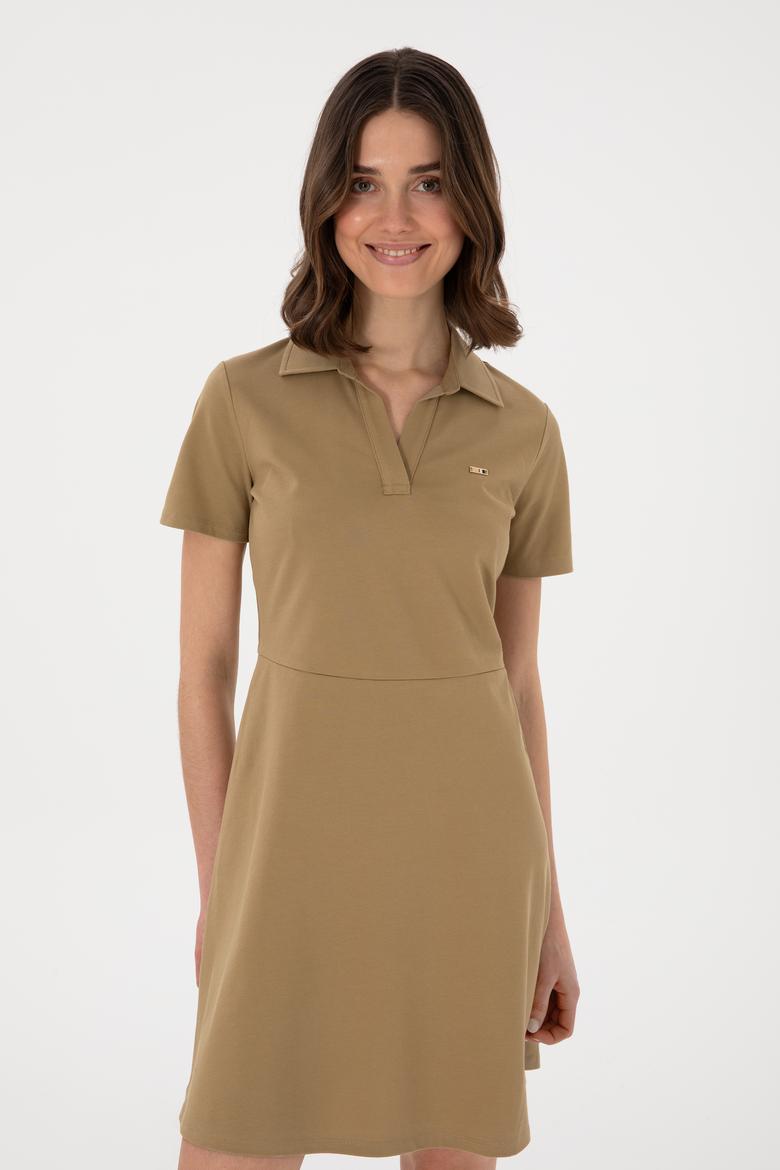 Kadın Haki Polo Yaka Mini Boy Örme Elbise - 50305854012