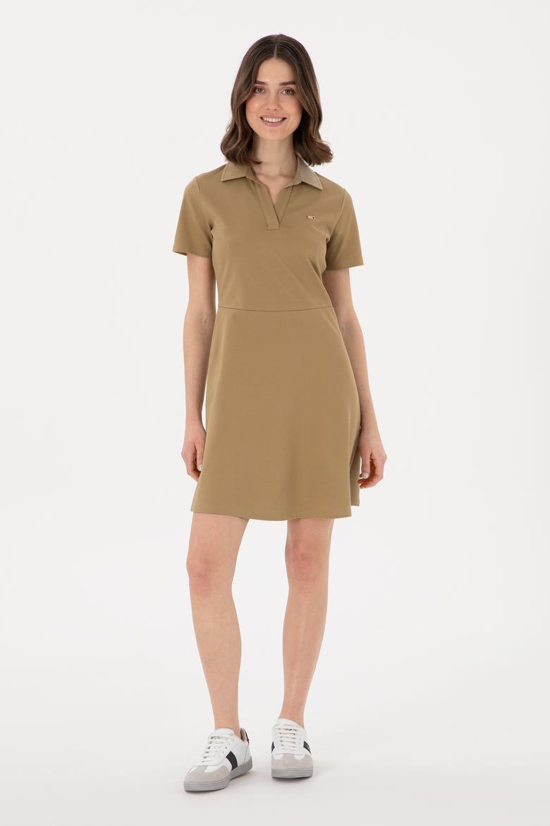 Kadın Haki Polo Yaka Mini Boy Örme Elbise