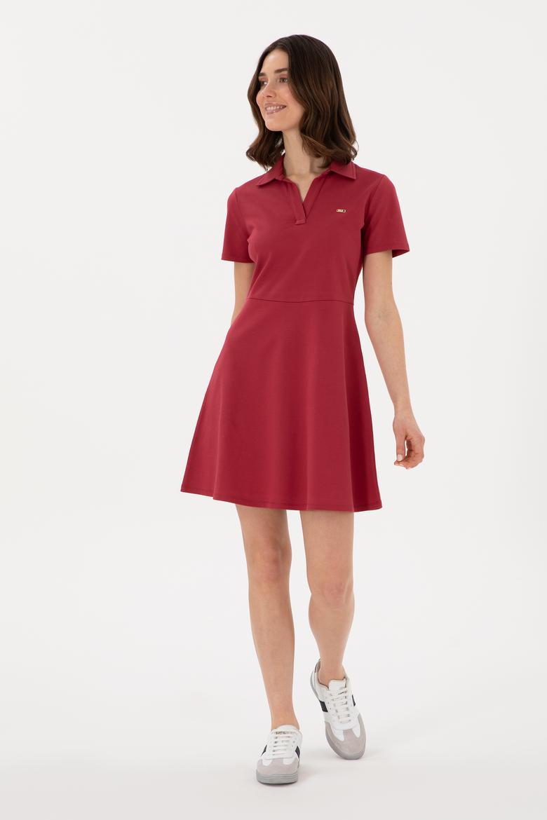 Kadın Vişne Polo Yaka Mini Boy Örme Elbise - 50305854023