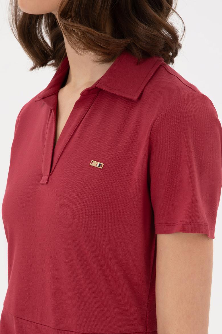 Kadın Vişne Polo Yaka Mini Boy Örme Elbise - 50305854023