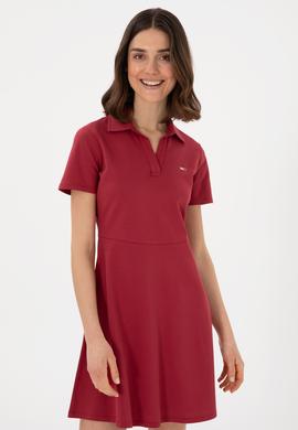 Kadın Vişne Polo Yaka Mini Boy Örme Elbise - 50305854023