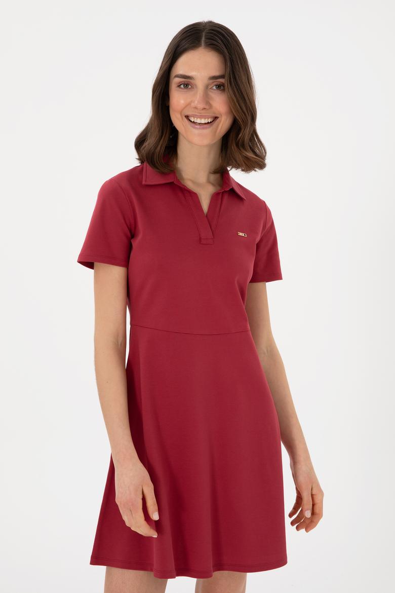 Kadın Vişne Polo Yaka Mini Boy Örme Elbise - 50305854023