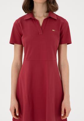 Kadın Vişne Polo Yaka Mini Boy Örme Elbise - 50305854023