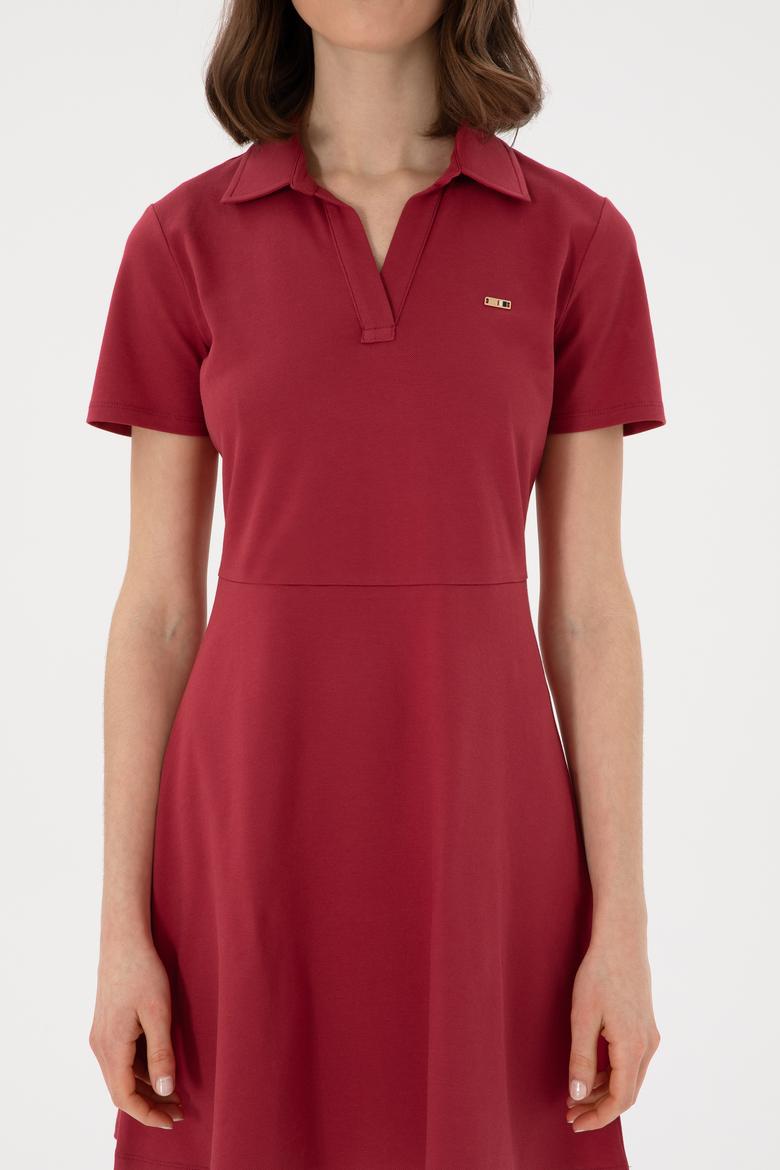 Kadın Vişne Polo Yaka Mini Boy Örme Elbise - 50305854023