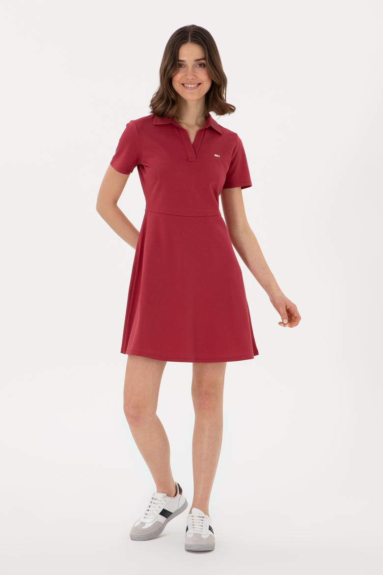 Kadın Vişne Polo Yaka Mini Boy Örme Elbise - 50305854023