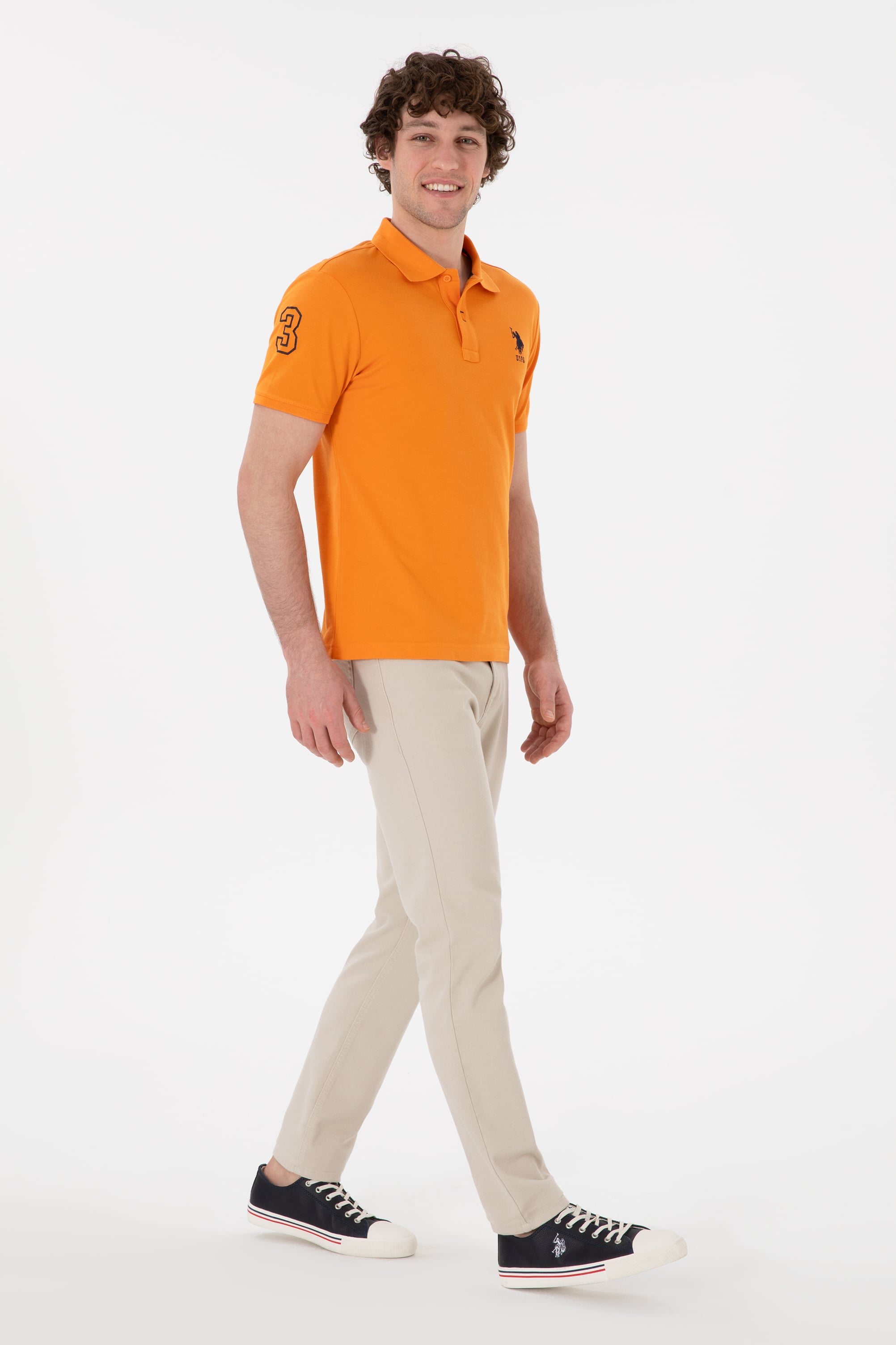 Erkek Slim Fit Polo Yaka Turuncu Basic Tişört - Image 5
