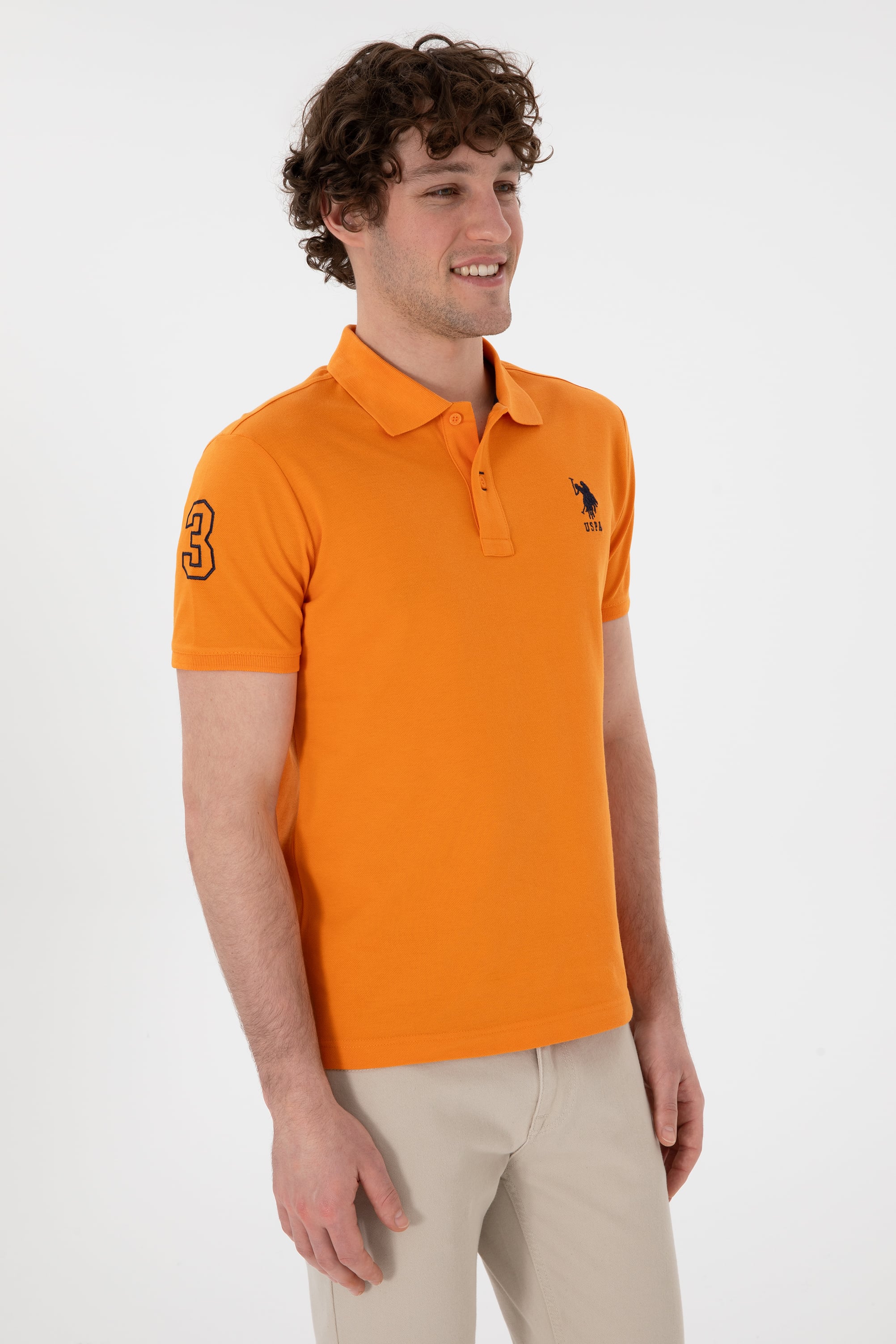 Erkek Slim Fit Polo Yaka Turuncu Basic Tişört - Image 4