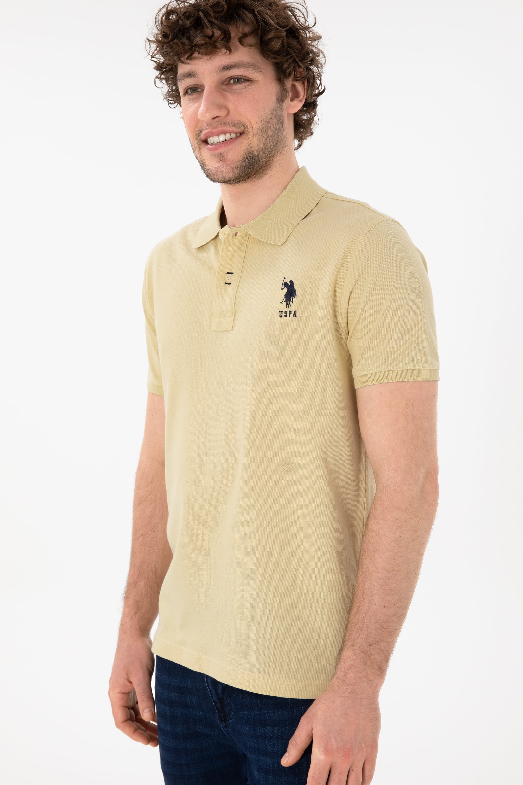 Erkek Slim Fit Polo Yaka Açık Haki Basic Tişört