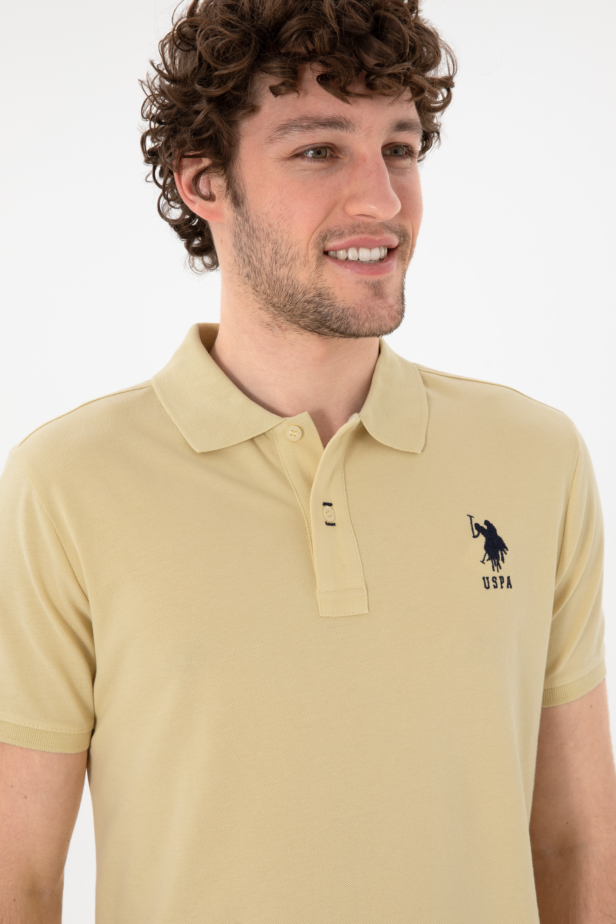 Erkek Slim Fit Polo Yaka Açık Haki Basic Tişört - Image 3