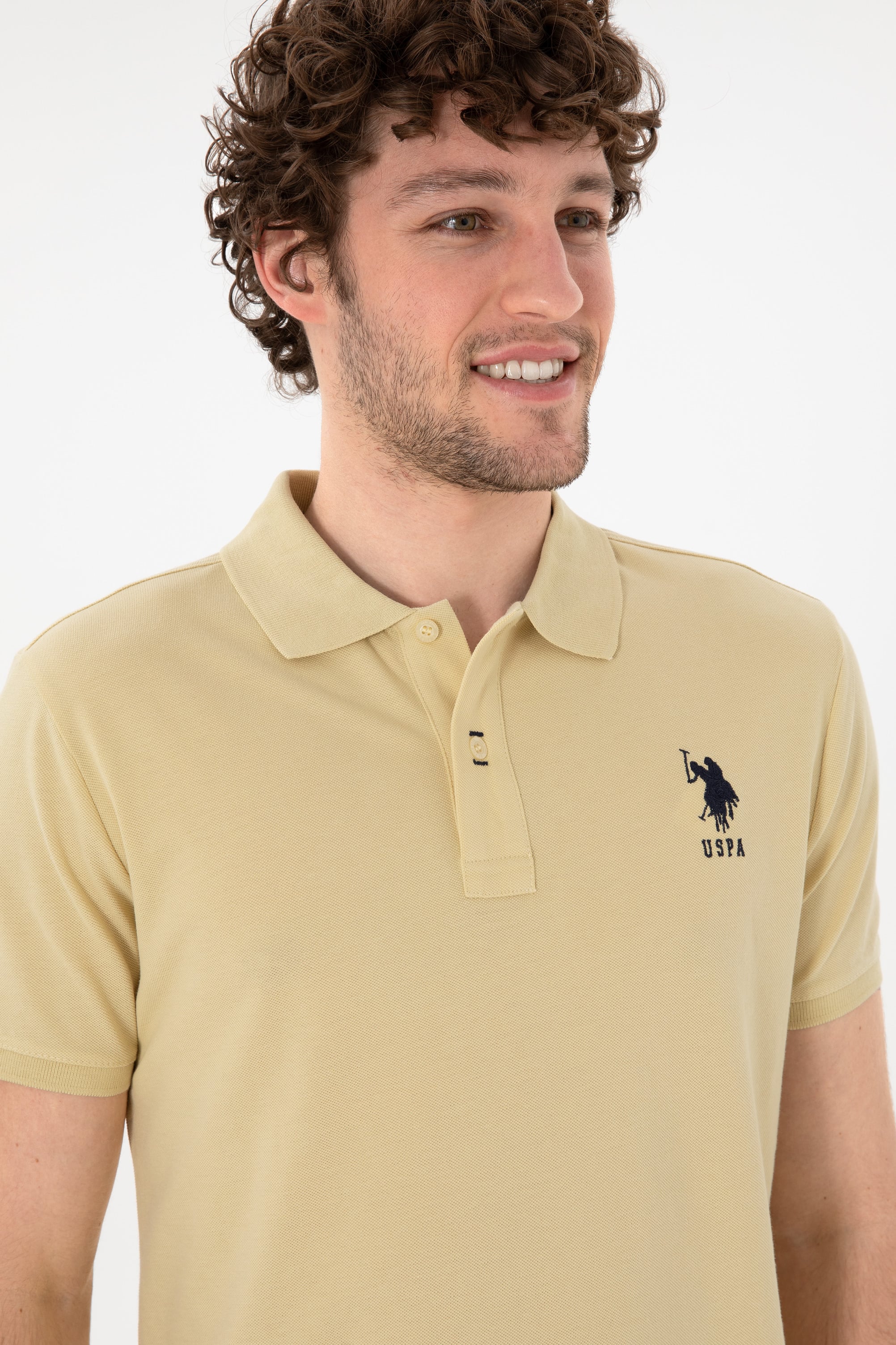 Erkek Slim Fit Polo Yaka Açık Haki Basic Tişört