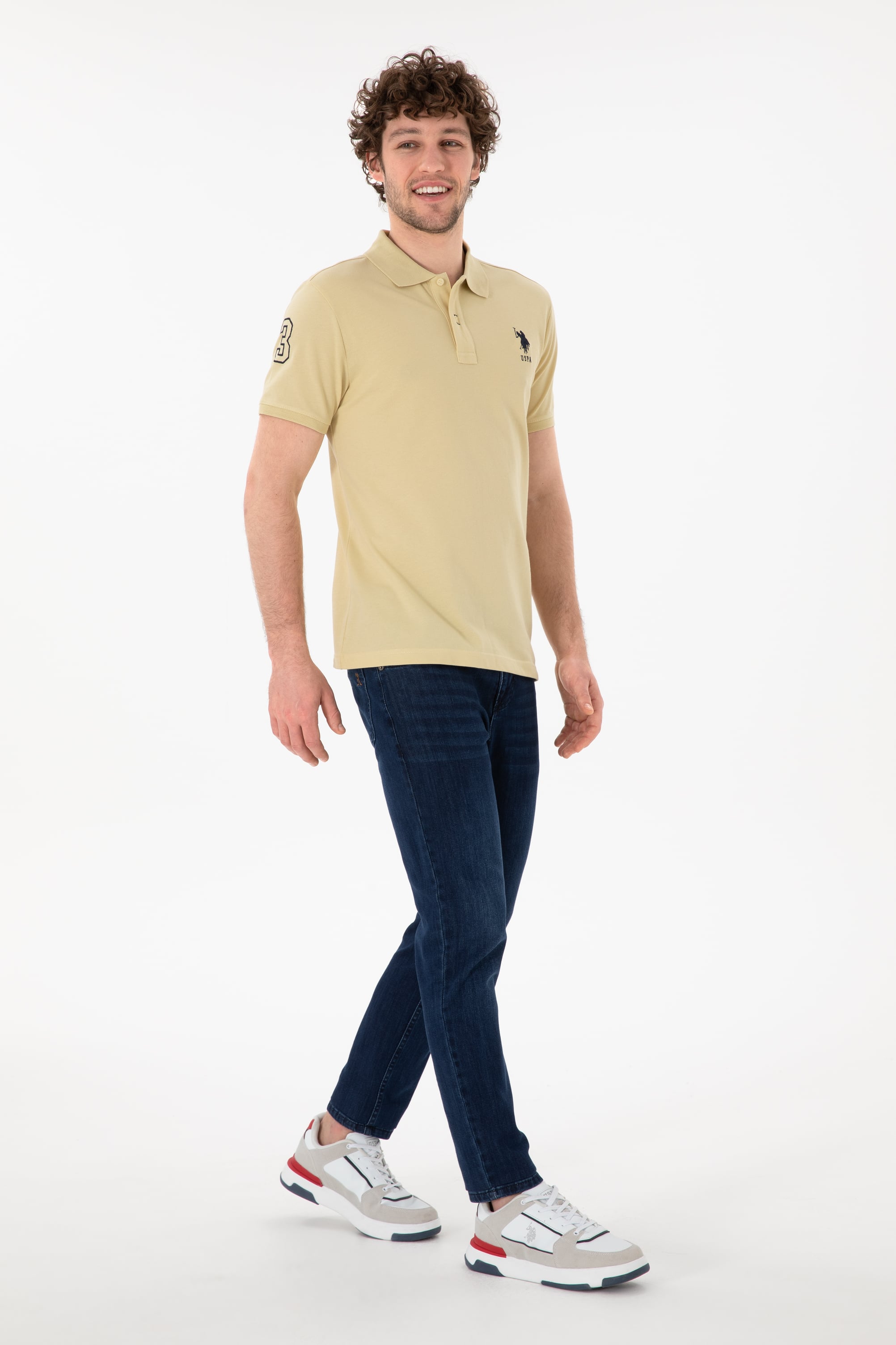 Erkek Slim Fit Polo Yaka Açık Haki Basic Tişört - Image 5