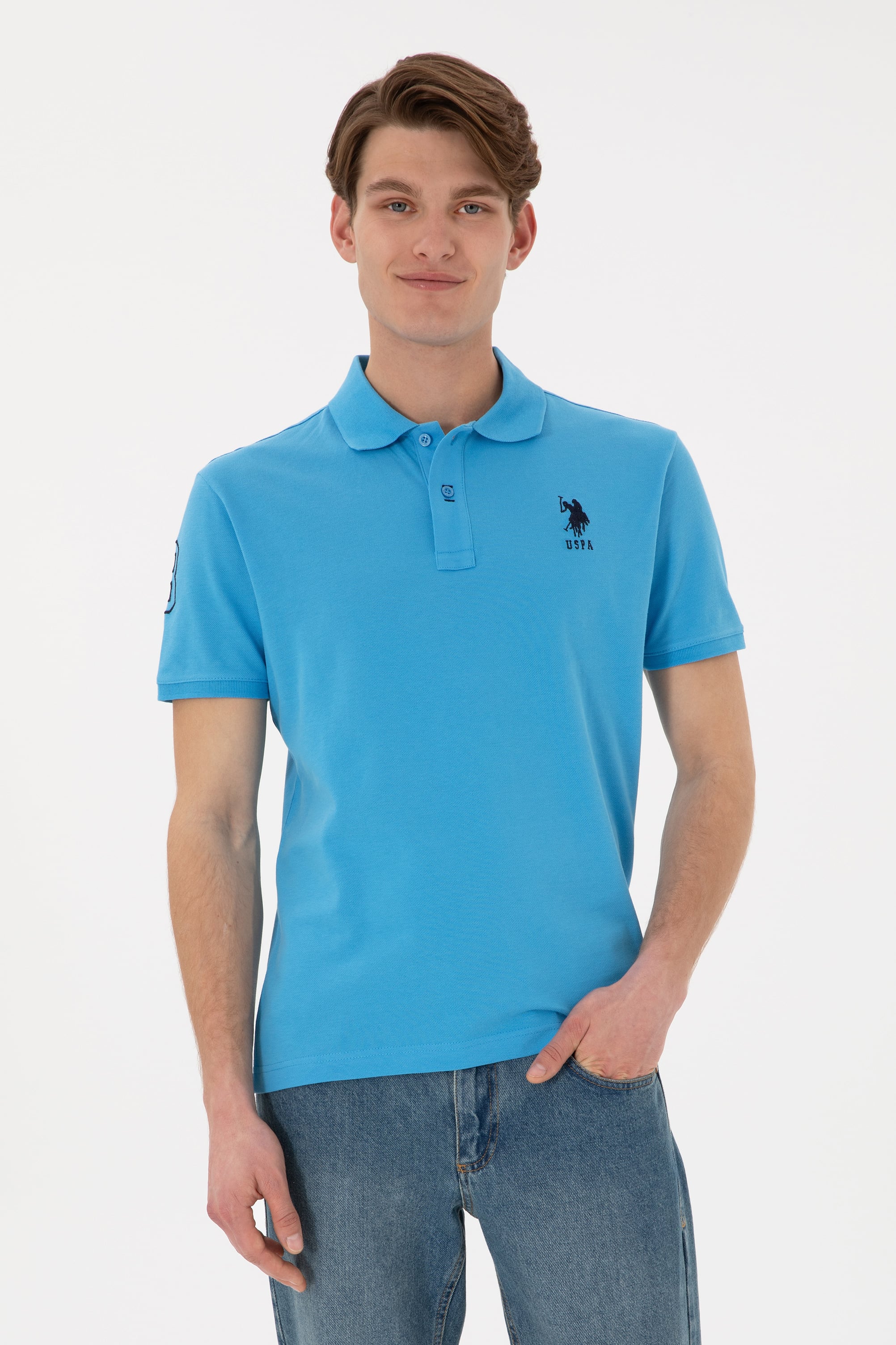 Erkek Slim Fit Polo Yaka Turkuaz Basic Tişört - Image 1