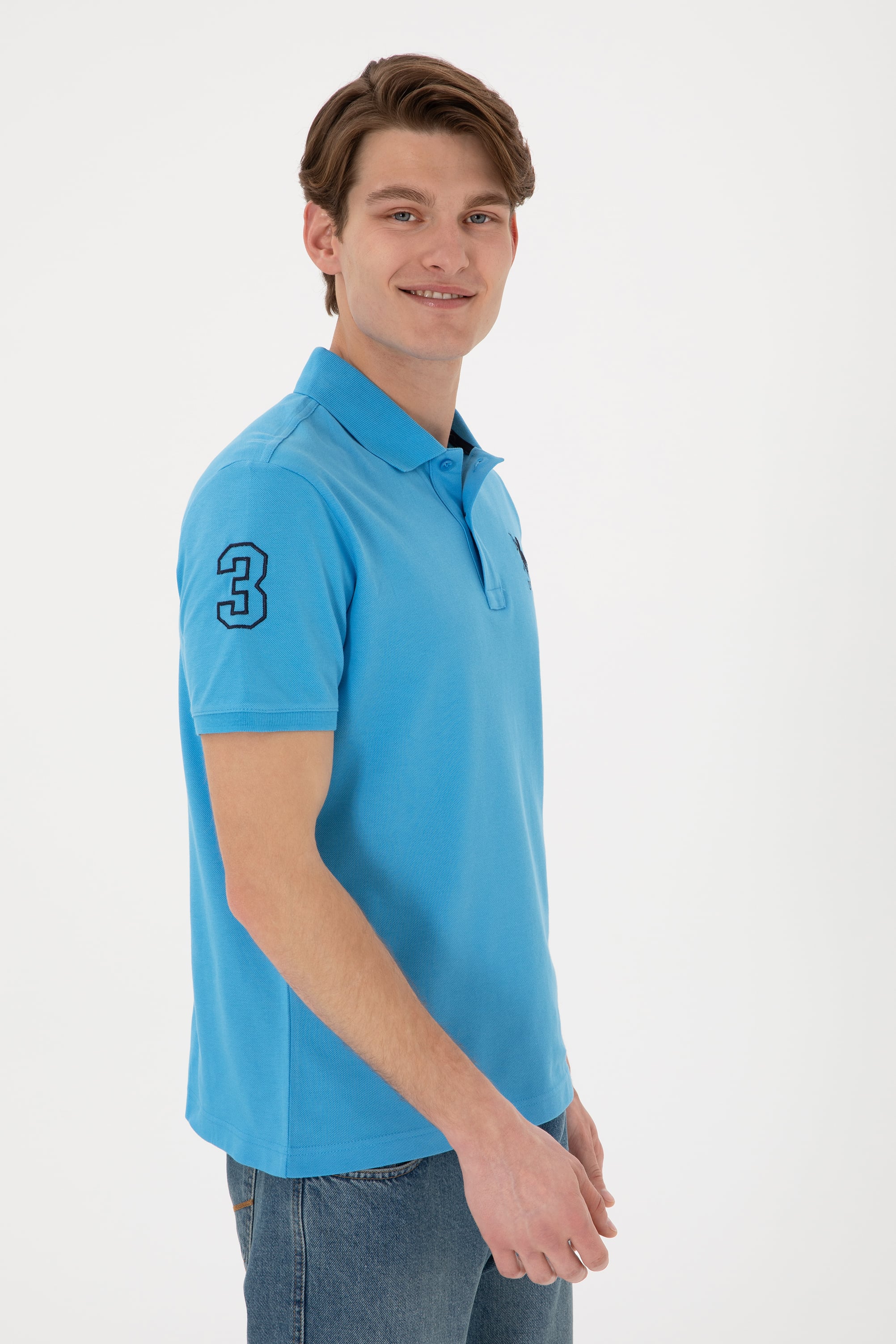 Erkek Slim Fit Polo Yaka Turkuaz Basic Tişört
