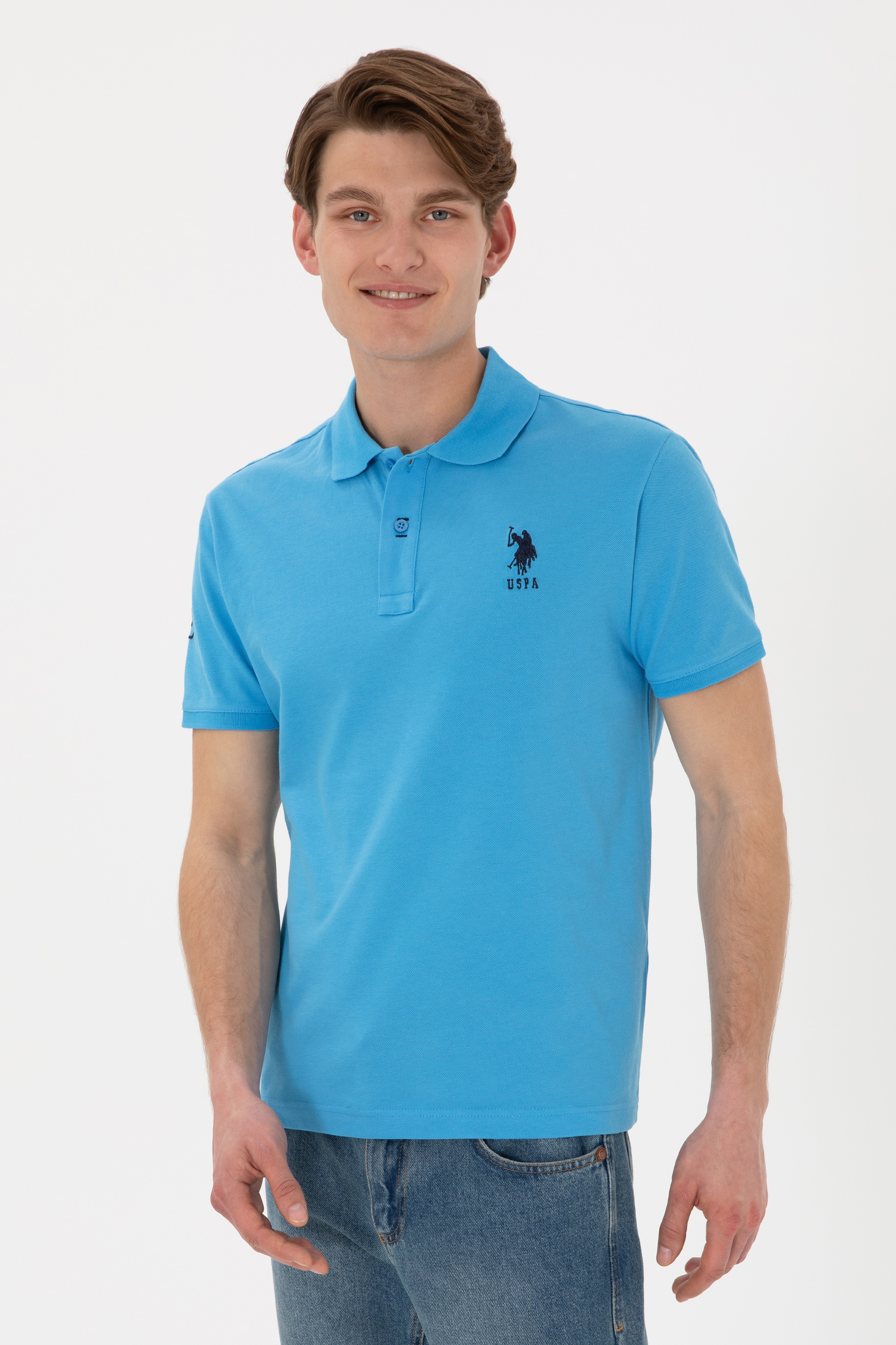 Erkek Slim Fit Polo Yaka Turkuaz Basic Tişört - Image 2