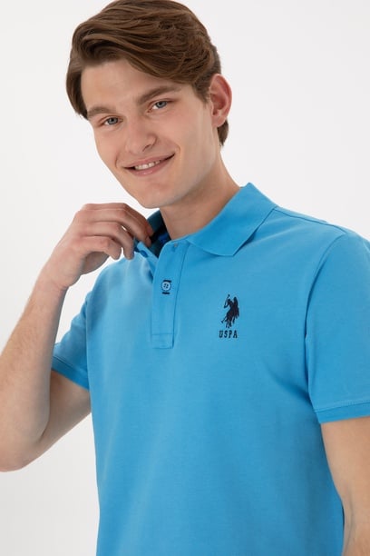 Erkek Slim Fit Polo Yaka Turkuaz Basic Tişört