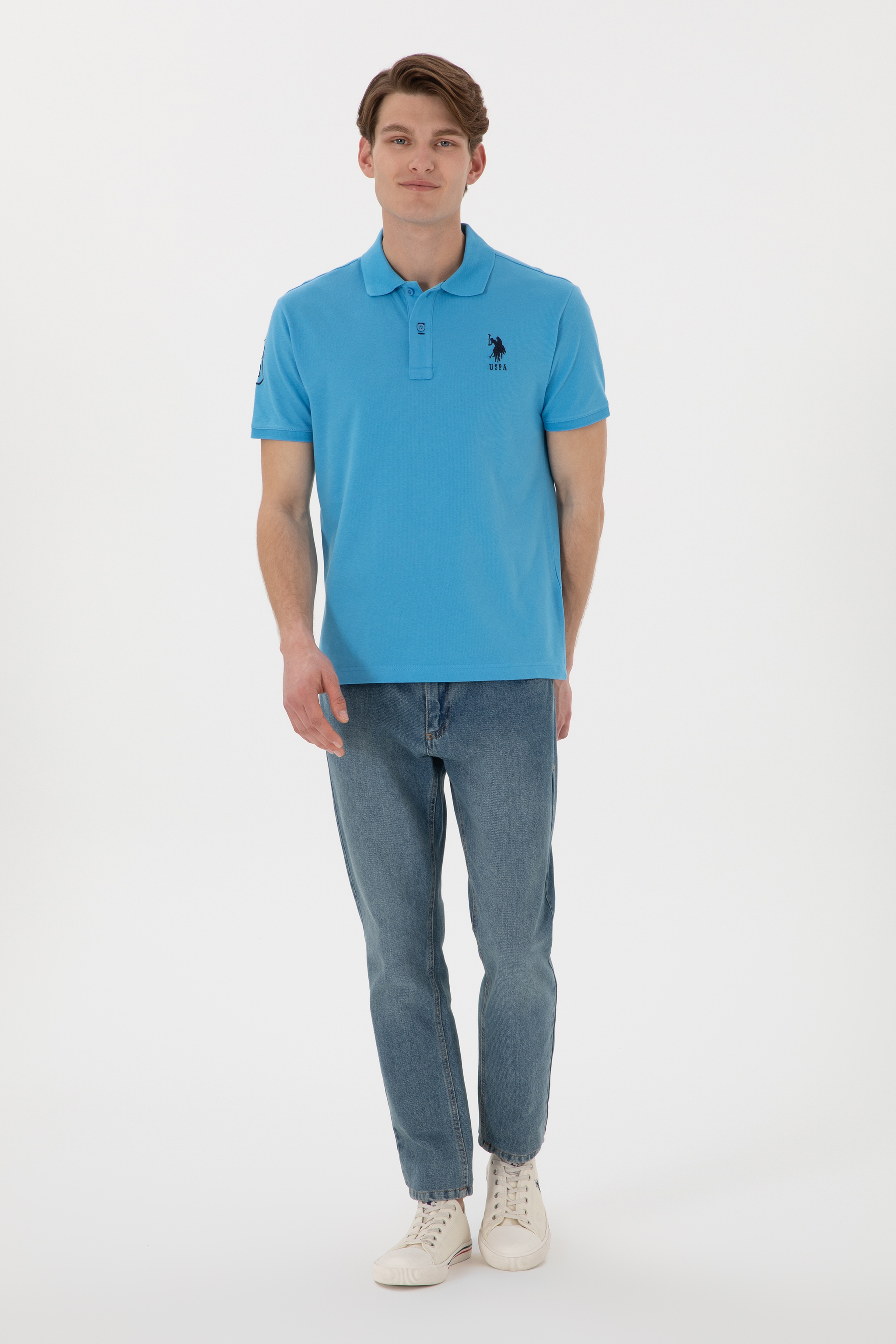 Erkek Slim Fit Polo Yaka Turkuaz Basic Tişört