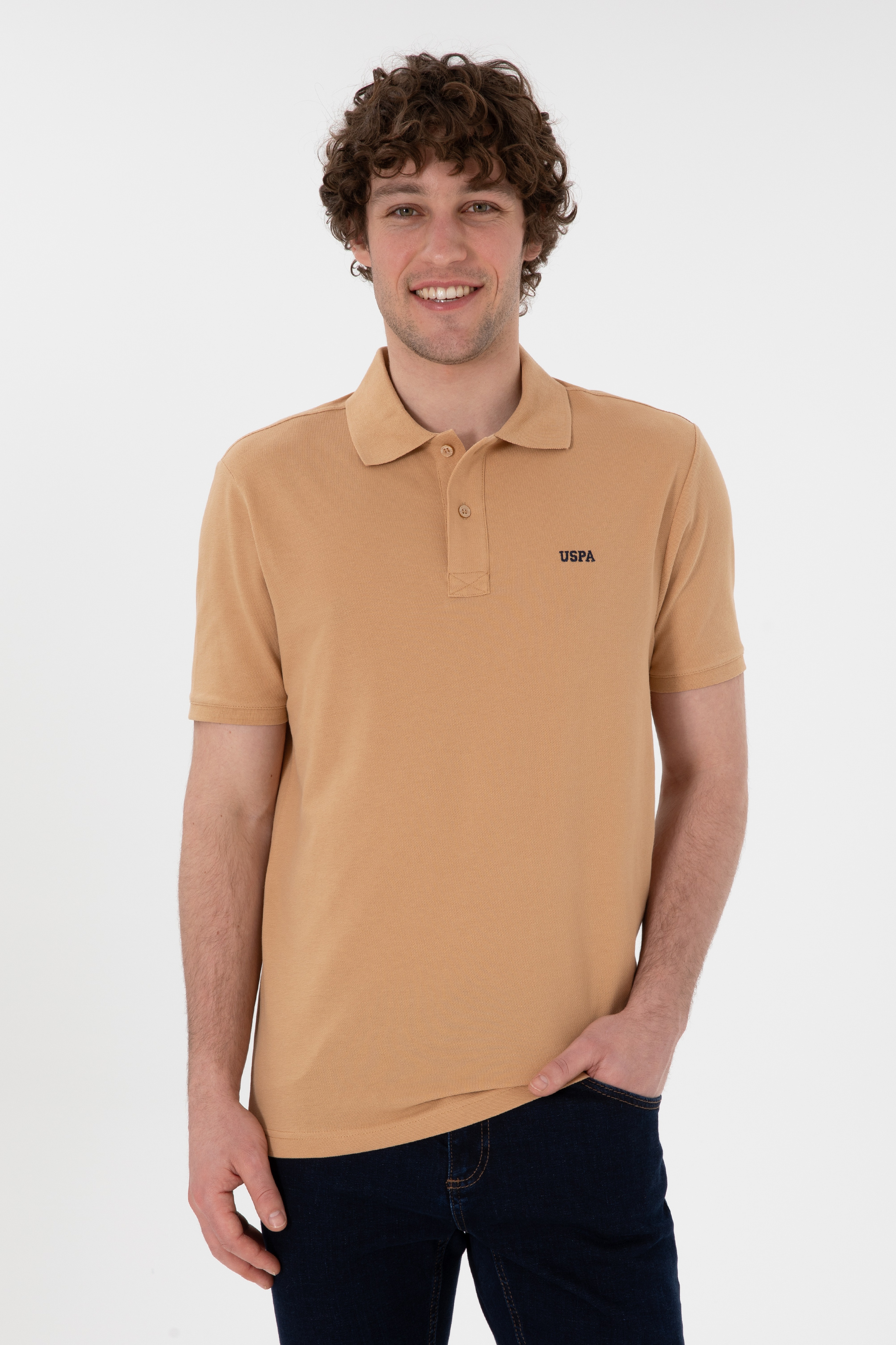 Erkek Regular Fit Polo Yaka Camel Basic Tişört - Image 1