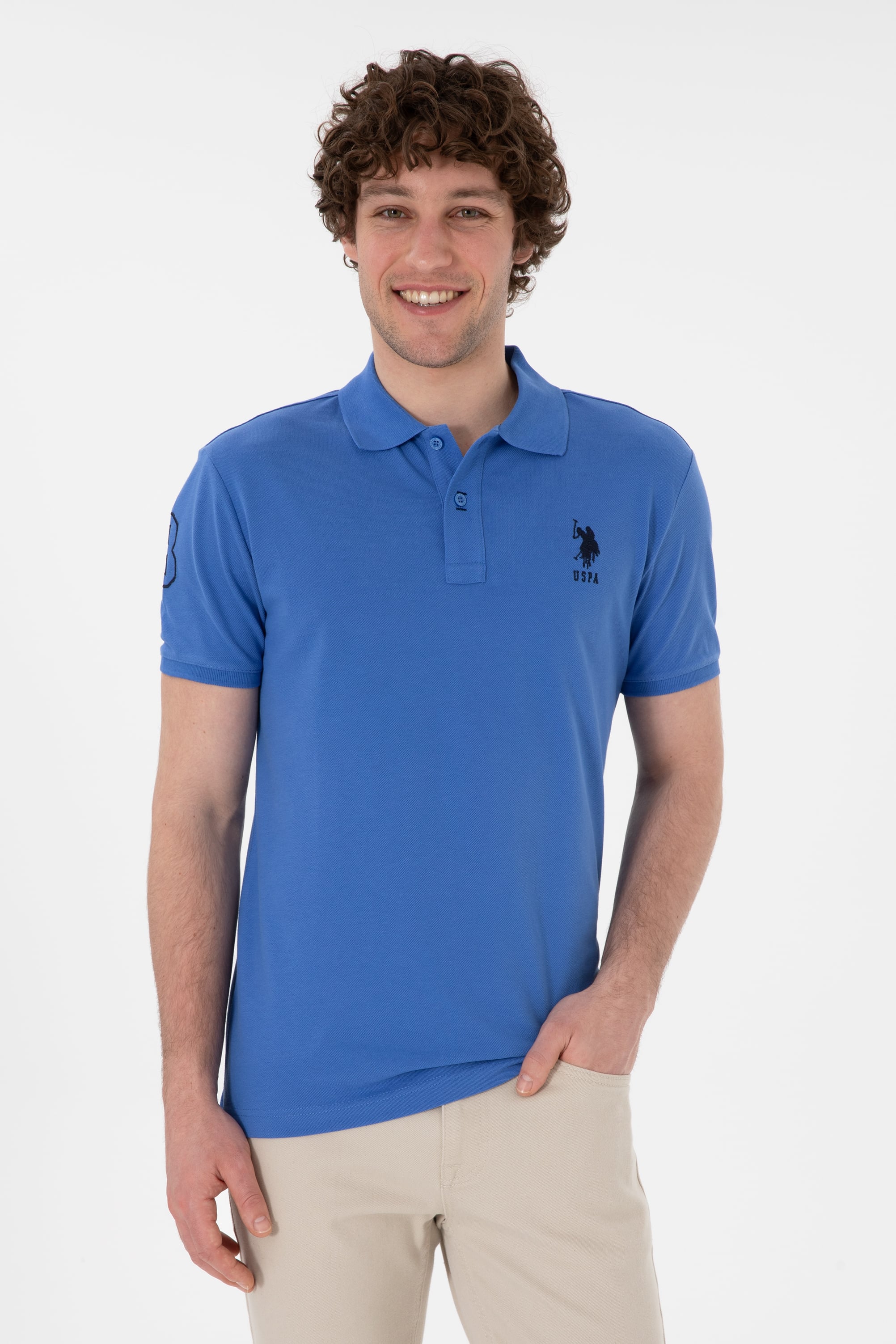 Erkek Slim Fit Polo Yaka İndigo Basic Tişört - Image 1