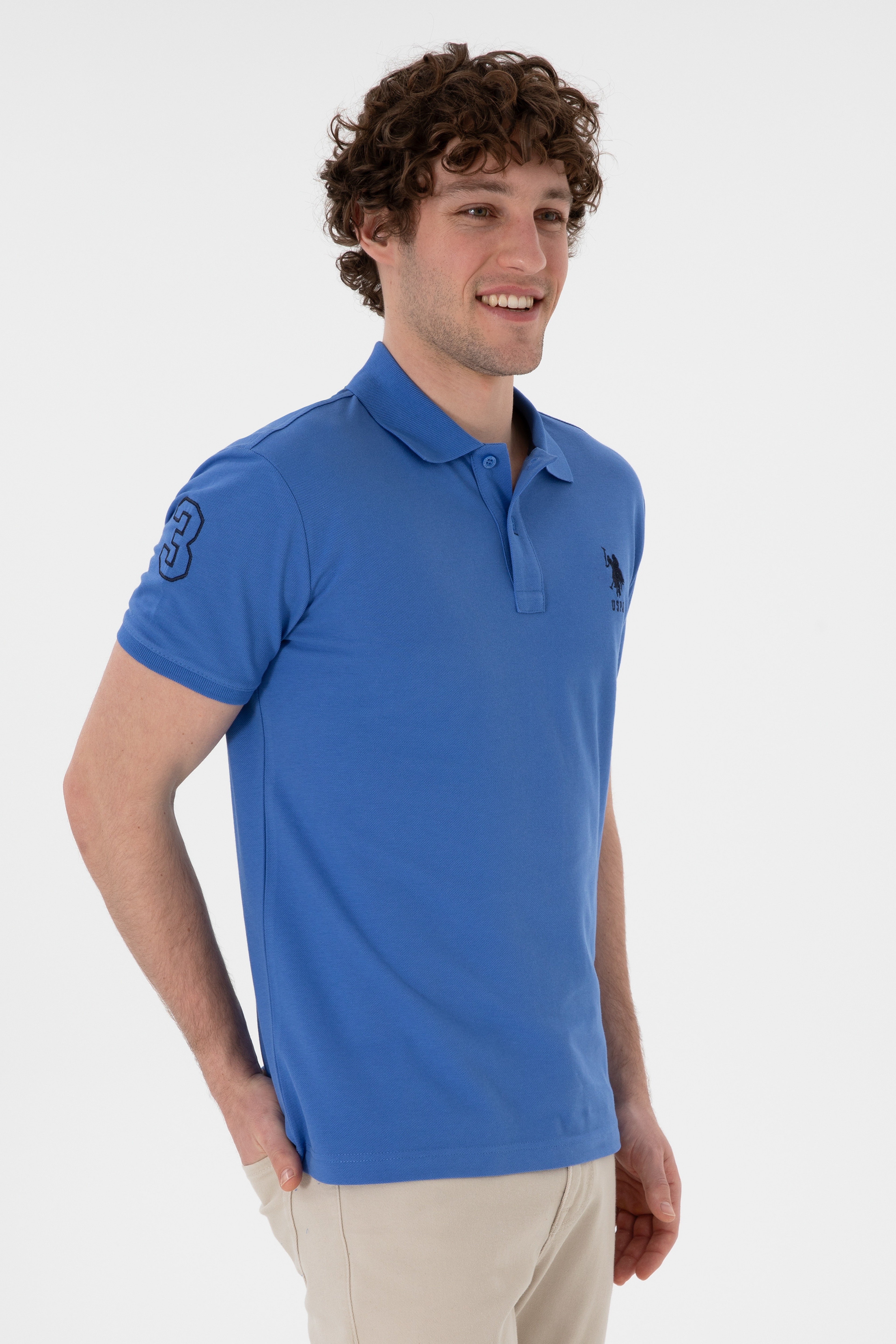 Erkek Slim Fit Polo Yaka İndigo Basic Tişört - Image 2