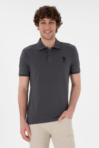 Erkek Slim Fit Polo Yaka Antrasit Basic Tişört
