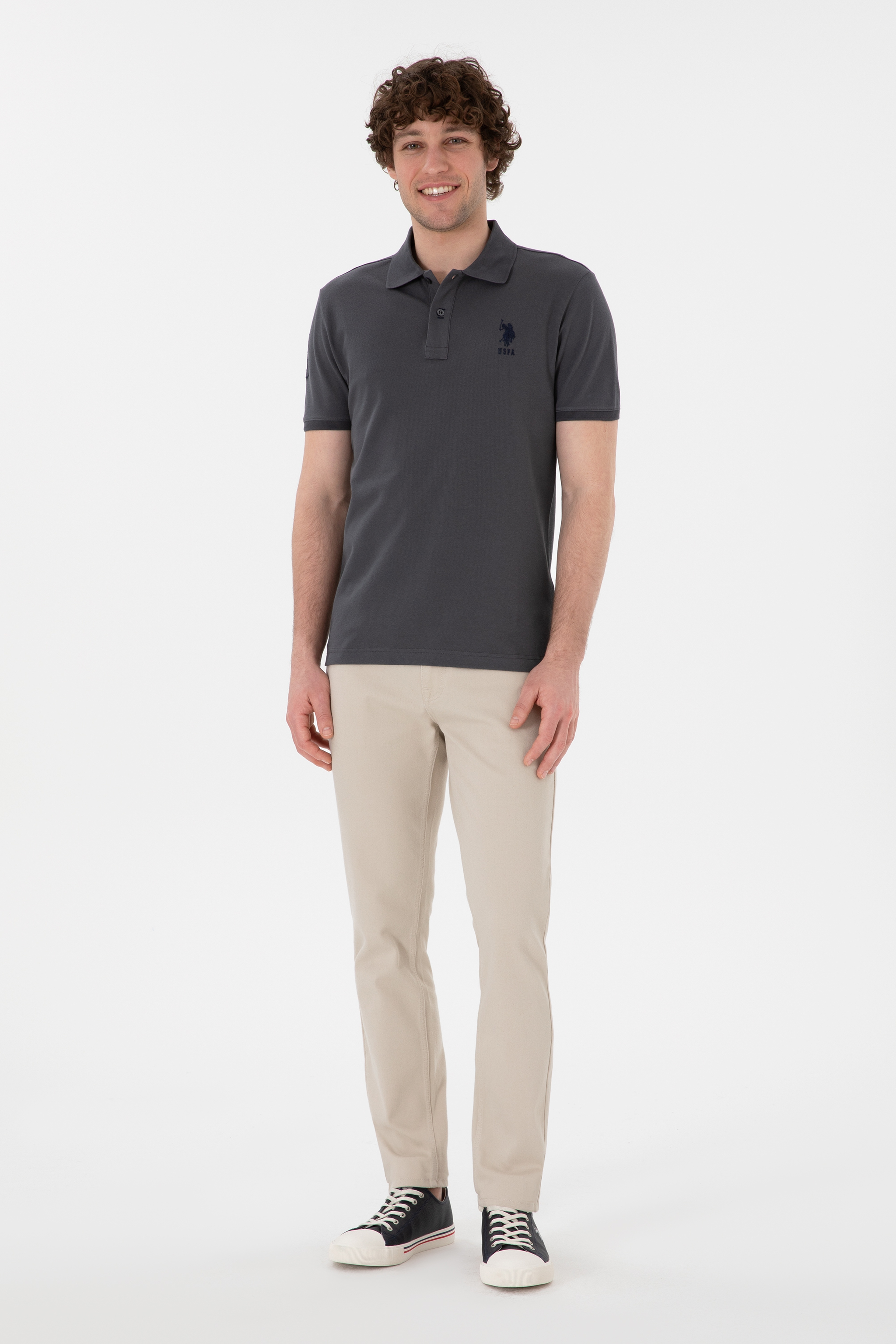 Erkek Slim Fit Polo Yaka Antrasit Basic Tişört