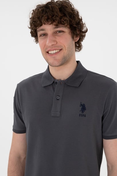 Erkek Slim Fit Polo Yaka Antrasit Basic Tişört