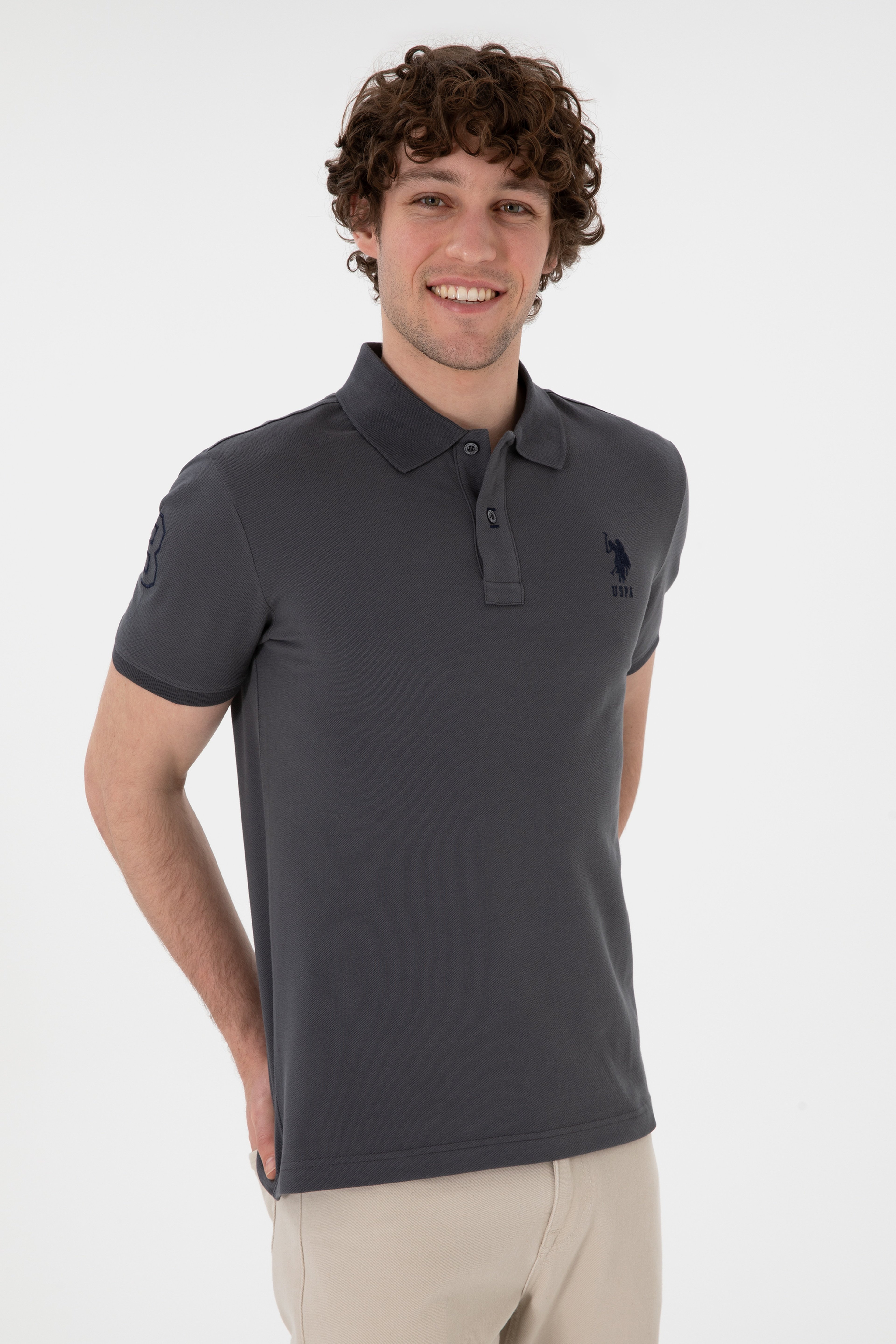 Erkek Slim Fit Polo Yaka Antrasit Basic Tişört - Image 4