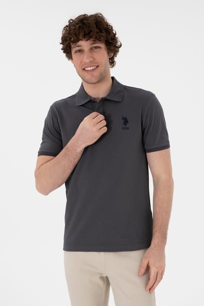 Erkek Slim Fit Polo Yaka Antrasit Basic Tişört