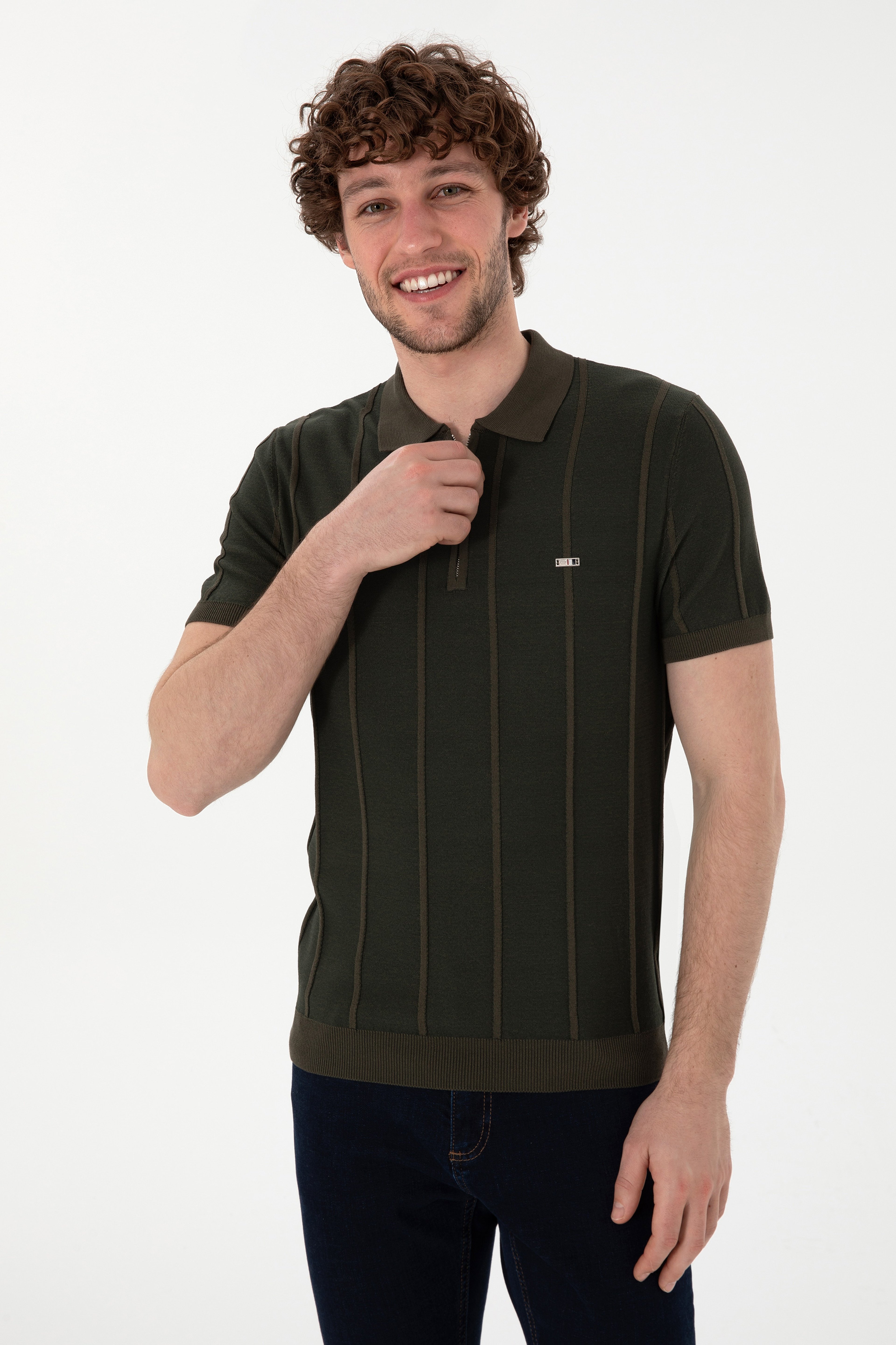 Erkek Slim Fit Polo Yaka Vizon Tişört