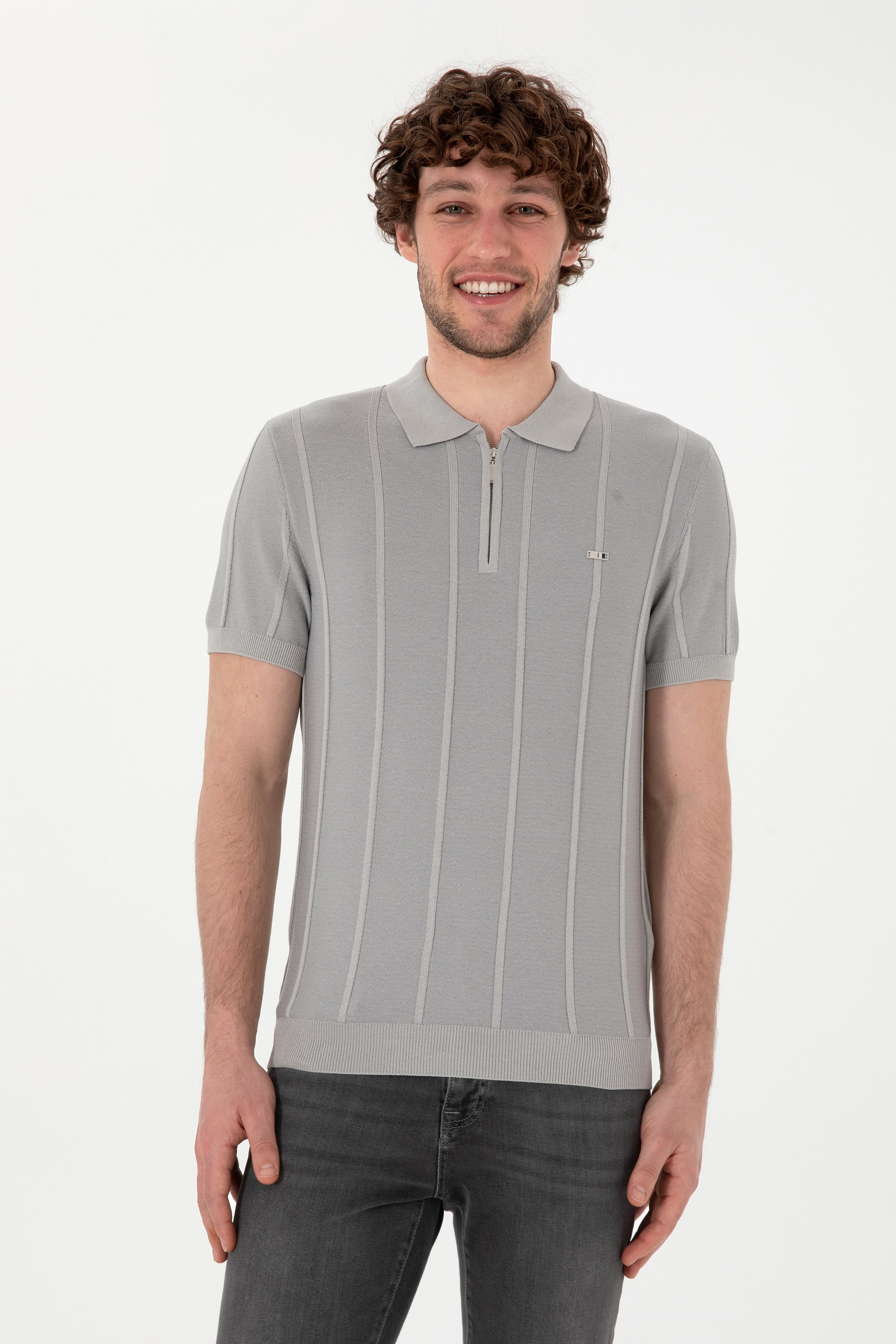 Erkek Slim Fit Polo Yaka Açık Gri Tişört - Image 1